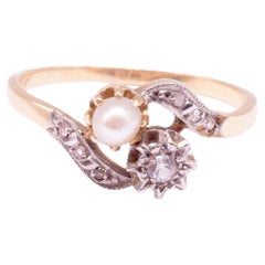 Art Nouveau 18ct & Platinum Flower Sprig Ring with Diamonds & a Natural Pearl