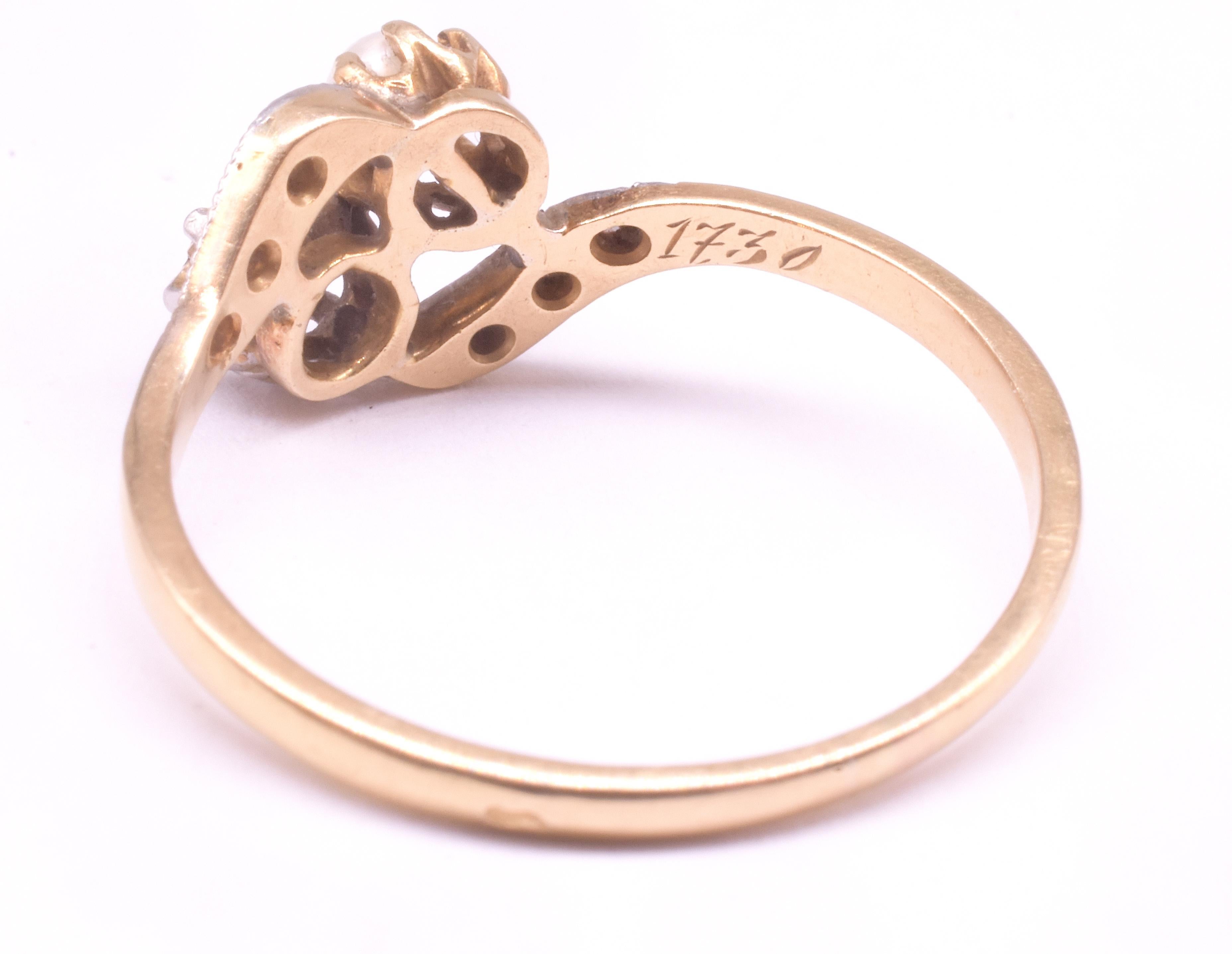 Art Nouveau 18ct & Platinum Flower Sprig Ring with Diamonds & a Natural Pearl en venta 5
