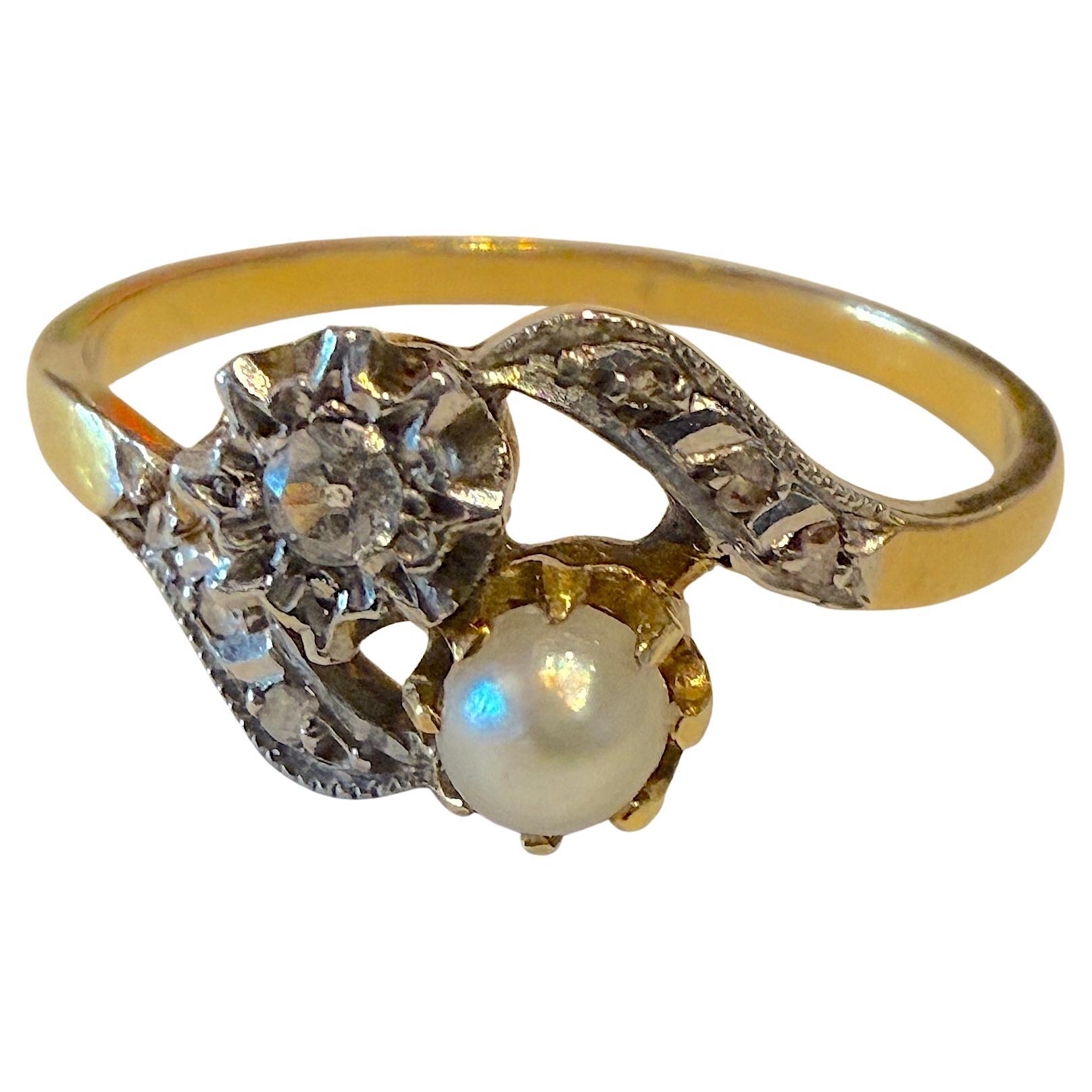 Art Nouveau 18ct & Platinum Flower Sprig Ring with Diamonds & a Natural Pearl