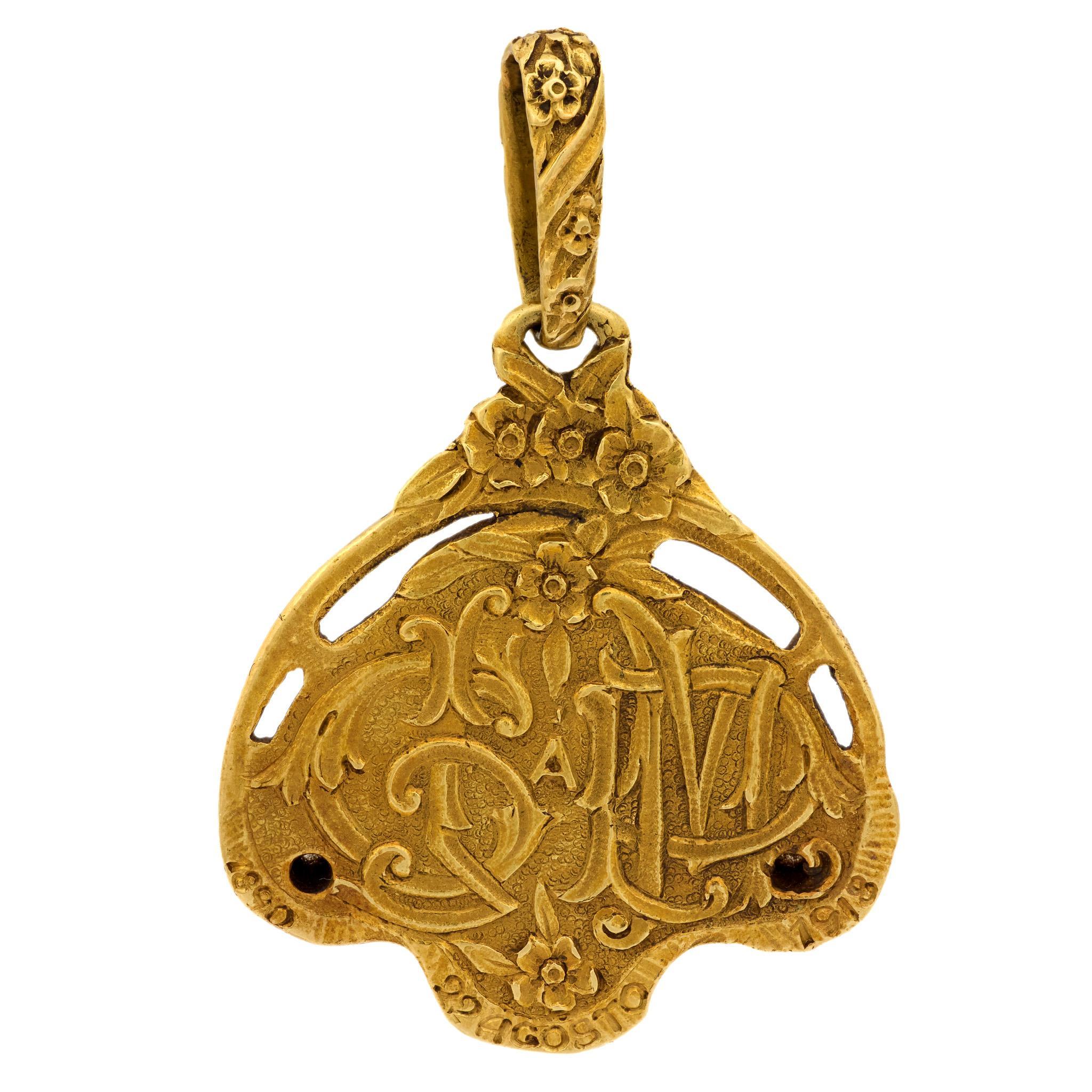 Art nouveau Collier pendentif Art Nouveau en or jaune 18k et 14k en vente