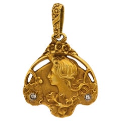 Art Nouveau 18k and 14k yellow gold pendant necklace