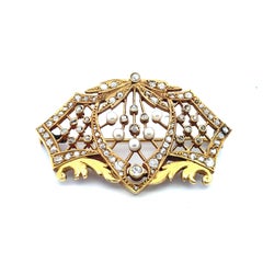 Jugendstil-Brosche aus 18-karätigem Gold mit Diamanten und Perlen, Anfang des 20. Jahrhunderts
