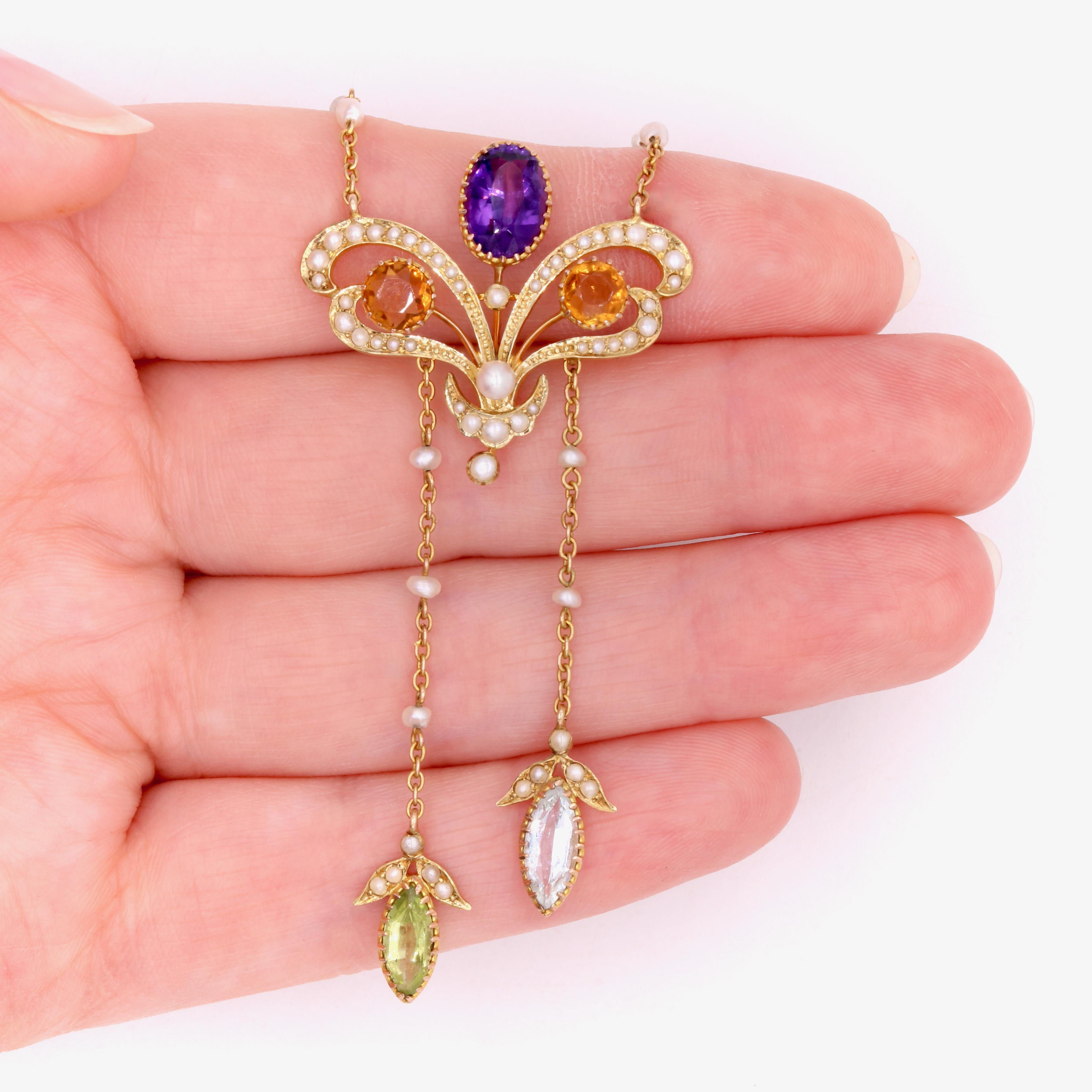 Art Nouveau 18K Gold Amethyst, Citrine, Aquamarine, Peridot and Pearl Necklace 5