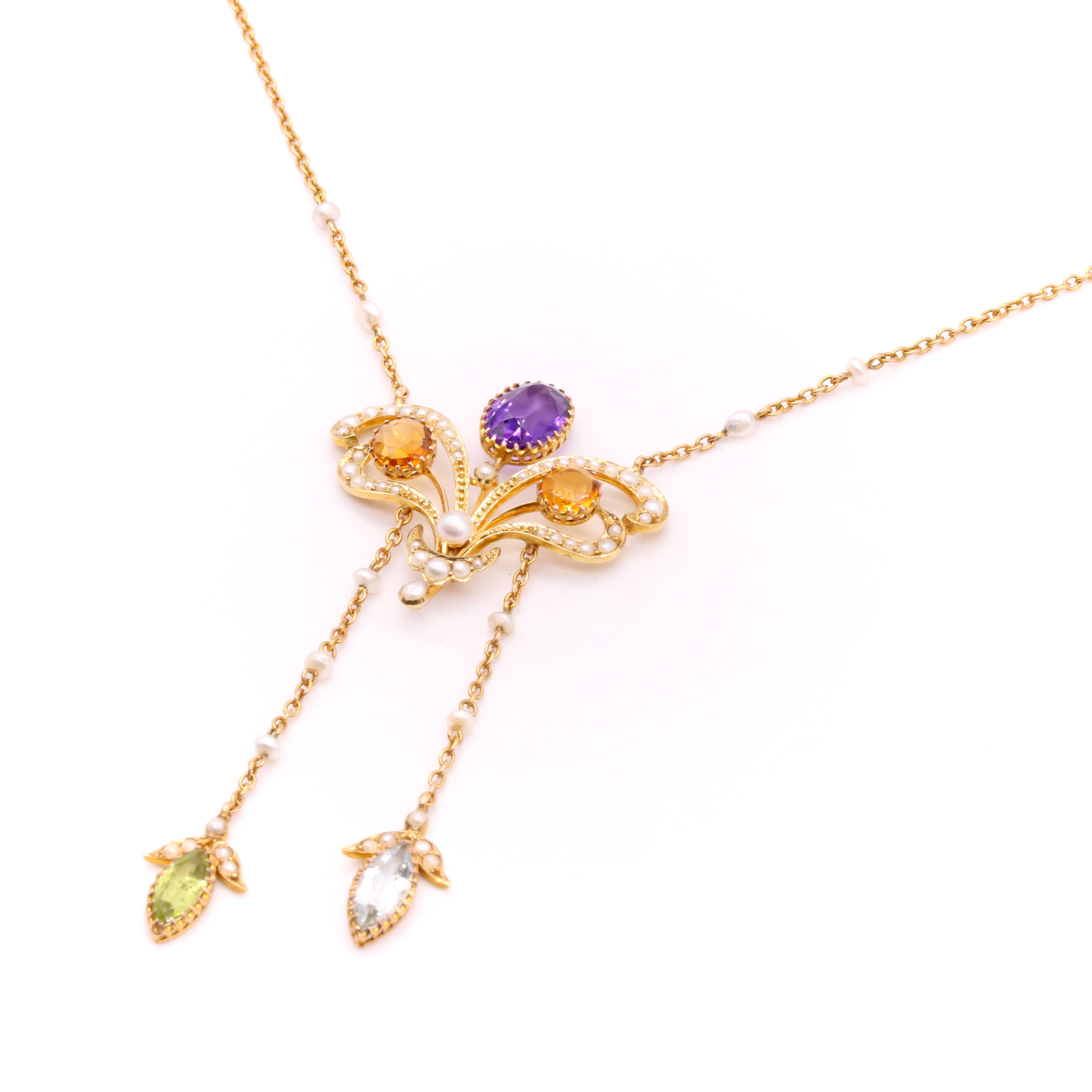 Marquise Cut Art Nouveau 18K Gold Amethyst, Citrine, Aquamarine, Peridot and Pearl Necklace