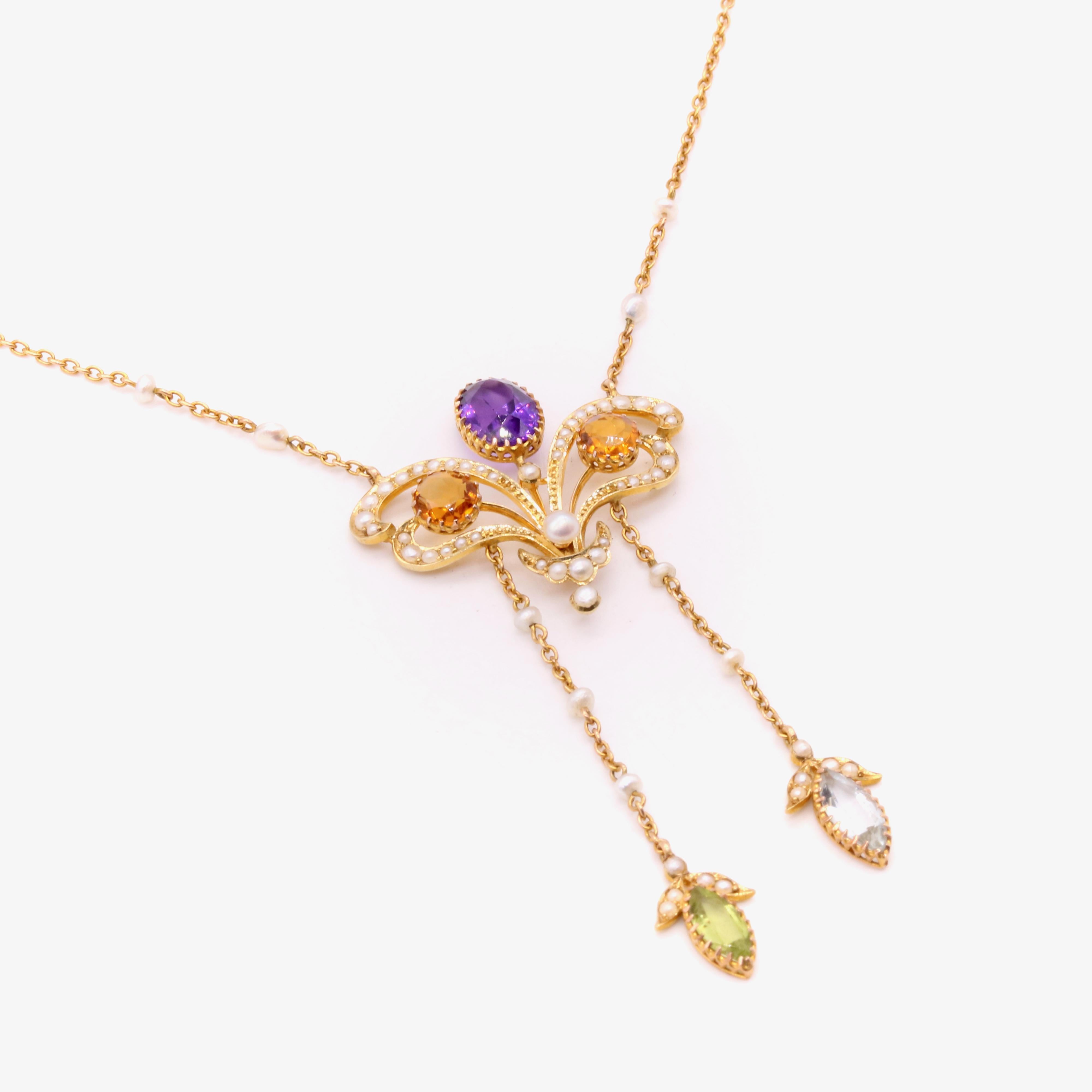 Art Nouveau 18K Gold Amethyst, Citrine, Aquamarine, Peridot and Pearl Necklace In Good Condition In Staines-Upon-Thames, GB
