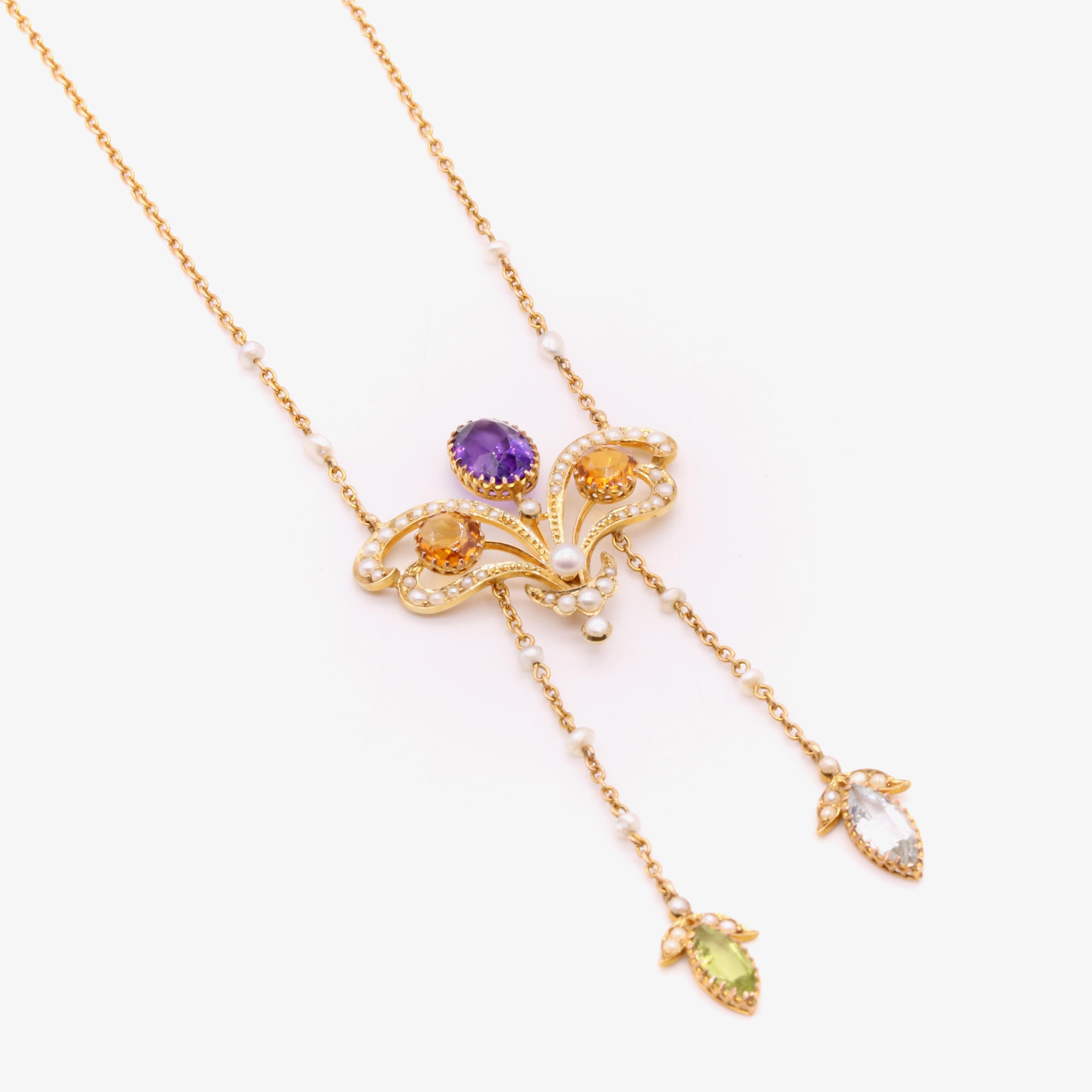 Women's or Men's Art Nouveau 18K Gold Amethyst, Citrine, Aquamarine, Peridot and Pearl Necklace