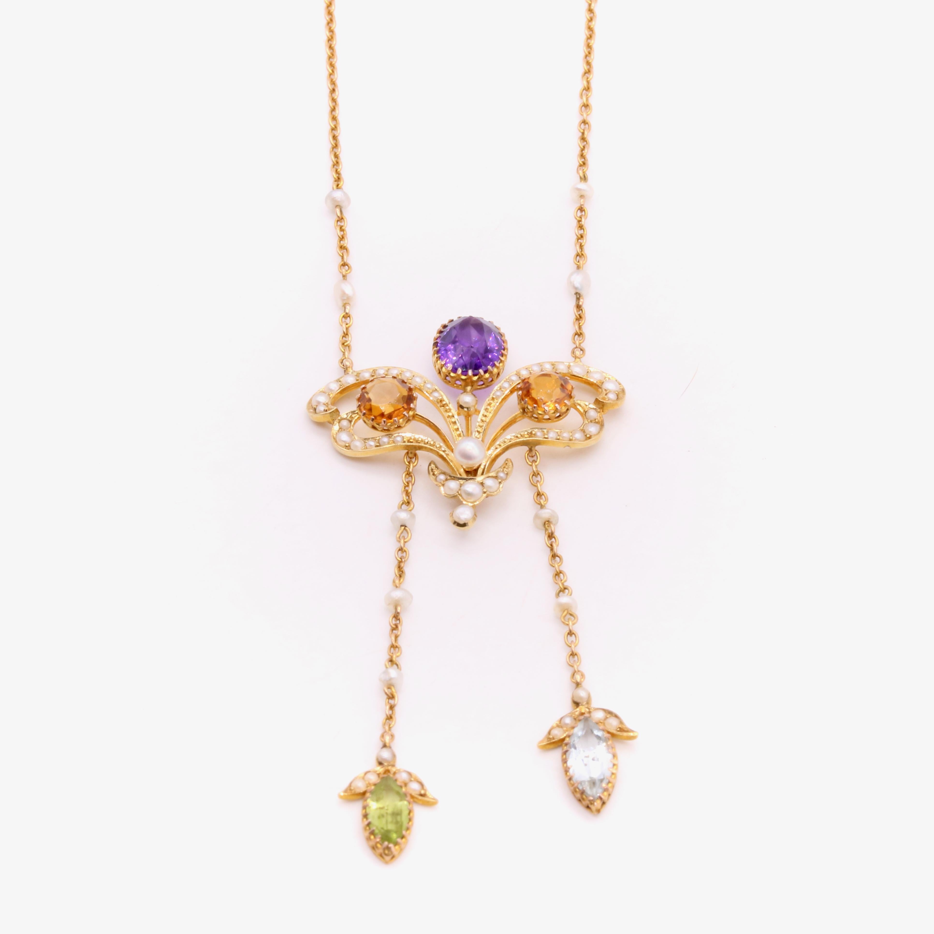 Art Nouveau 18K Gold Amethyst, Citrine, Aquamarine, Peridot and Pearl Necklace 1