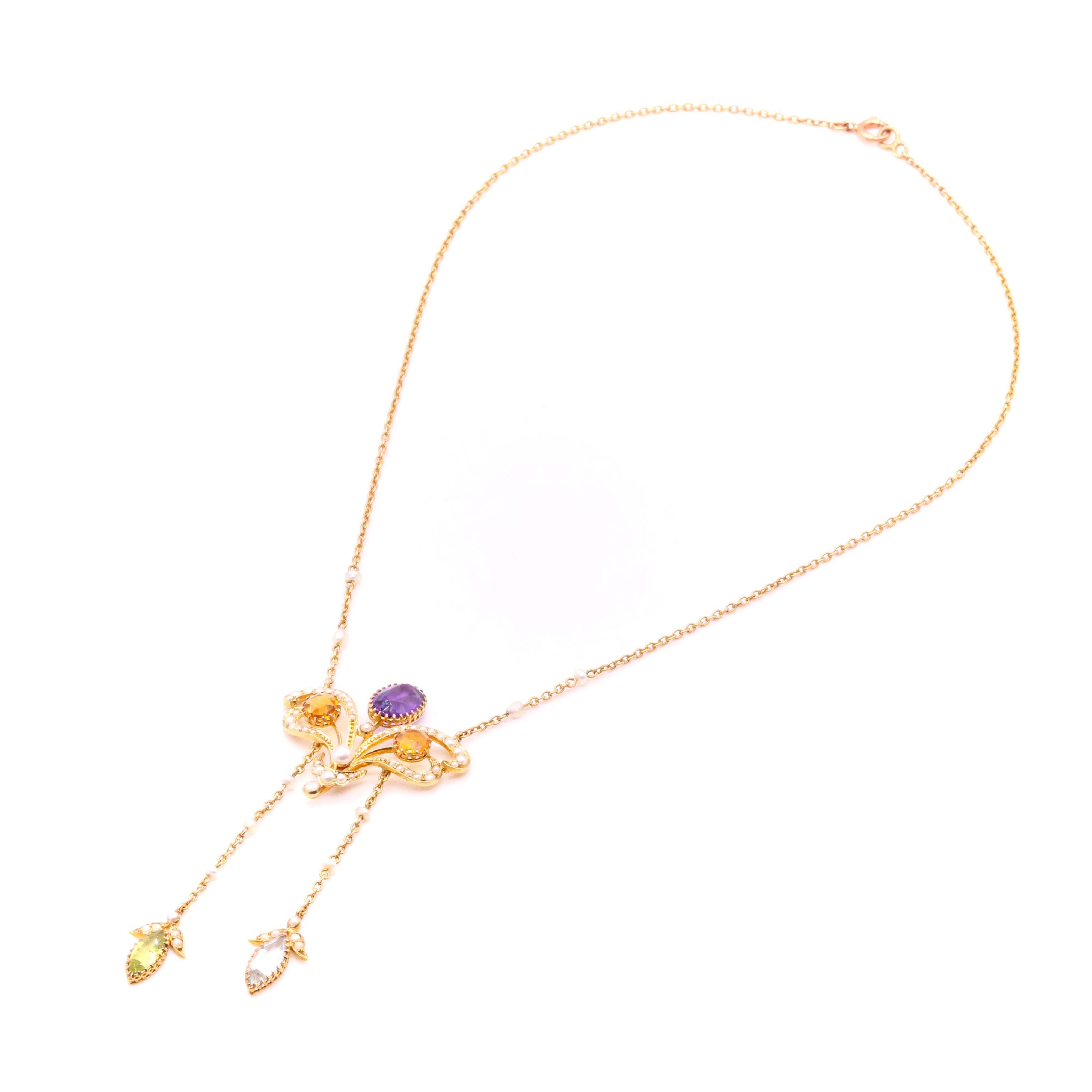 Art Nouveau 18K Gold Amethyst, Citrine, Aquamarine, Peridot and Pearl Necklace 2
