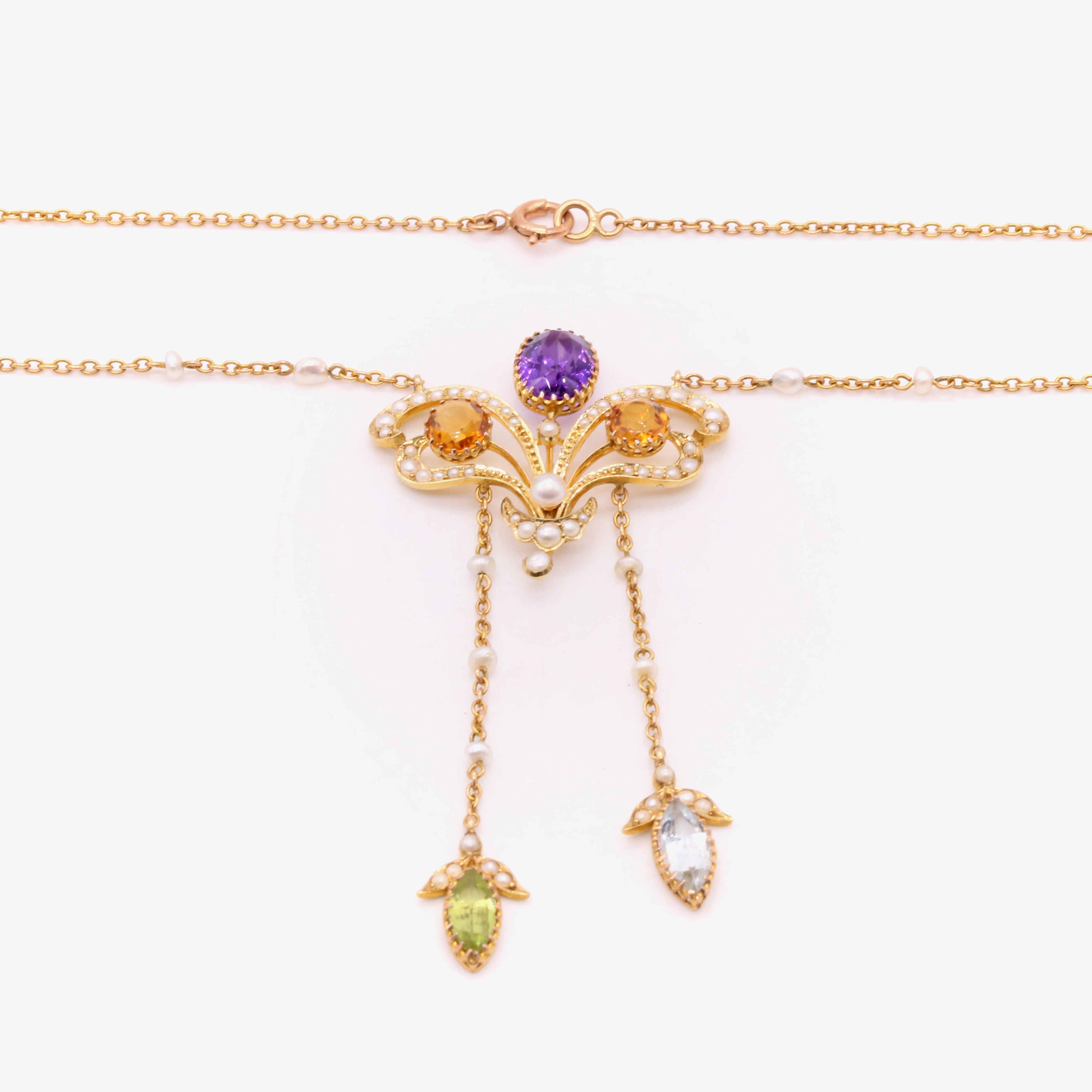 Art Nouveau 18K Gold Amethyst, Citrine, Aquamarine, Peridot and Pearl Necklace 3