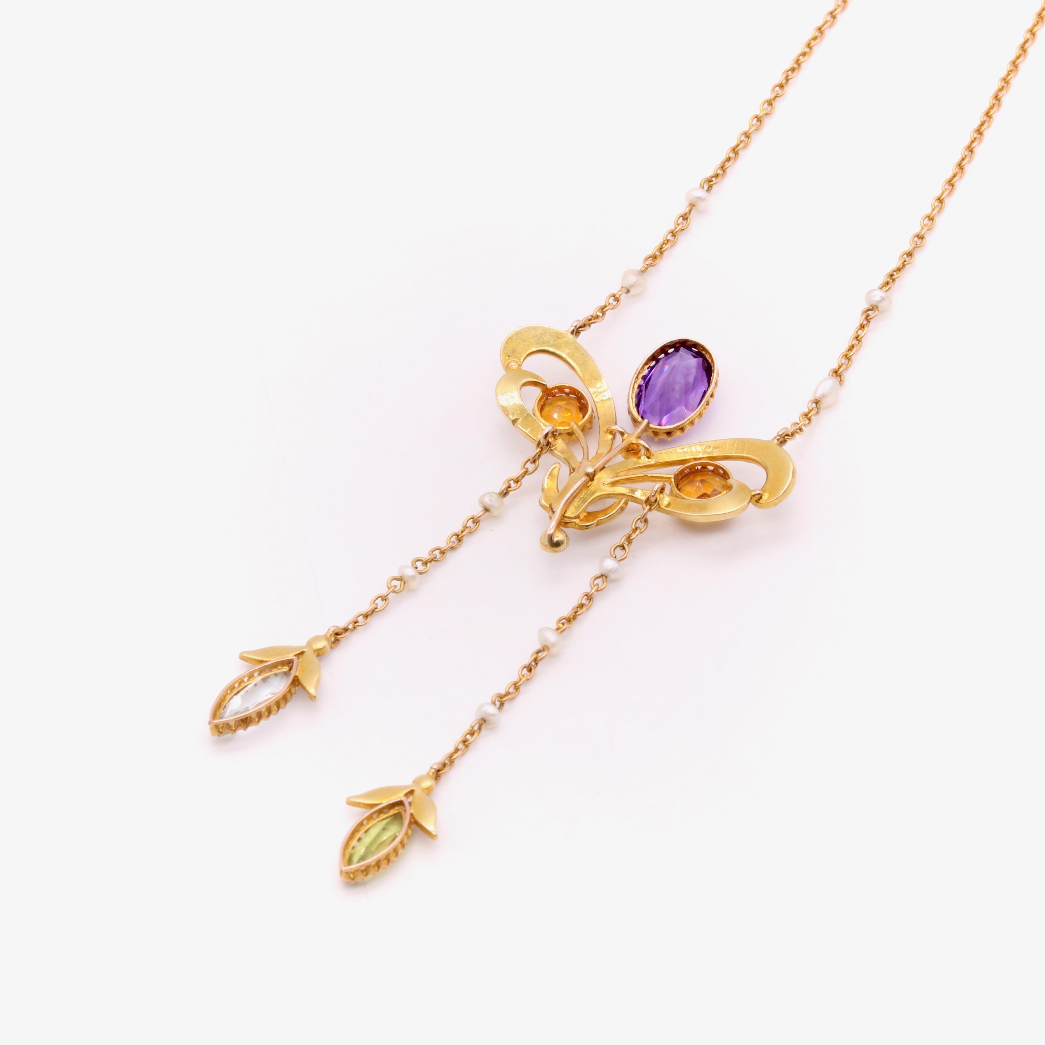 Art Nouveau 18K Gold Amethyst, Citrine, Aquamarine, Peridot and Pearl Necklace 4