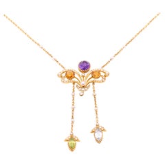 Art Nouveau 18K Gold Amethyst, Citrine, Aquamarine, Peridot and Pearl Necklace