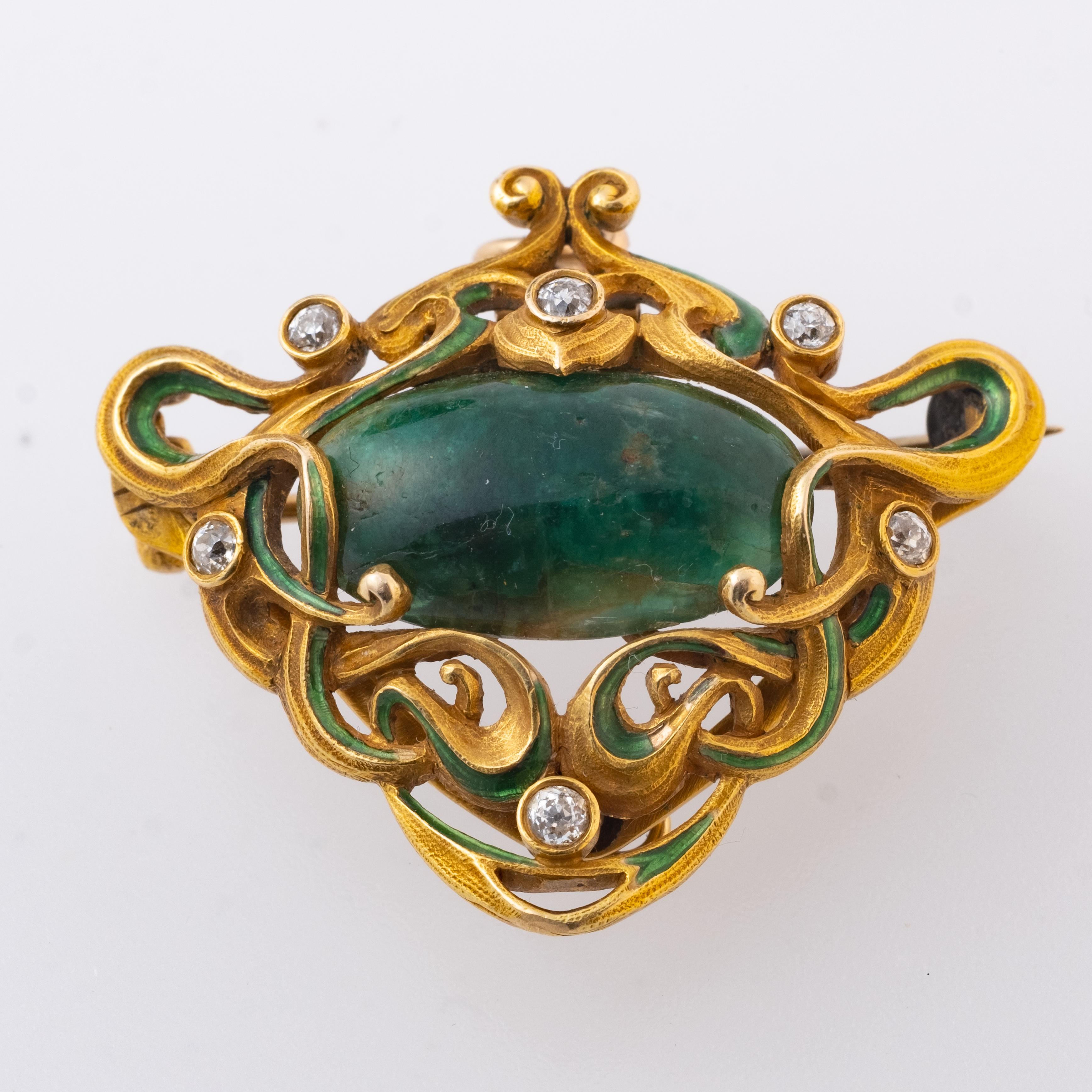 Art Nouveau 18 Karat Gold and Emerald Diamond and Enamel Work Pendant or Brooch In Good Condition In Kingston, NY