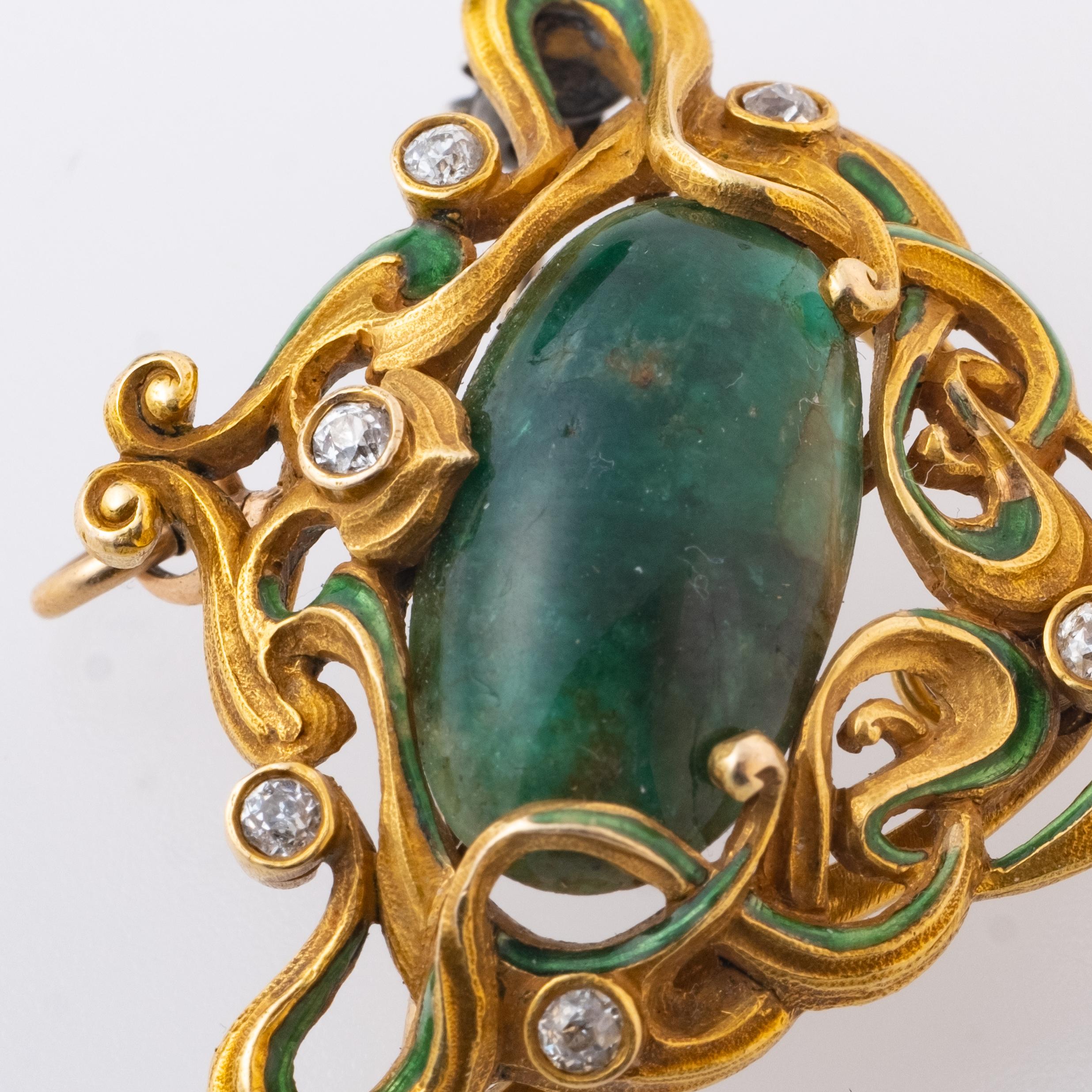 Women's or Men's Art Nouveau 18 Karat Gold and Emerald Diamond and Enamel Work Pendant or Brooch