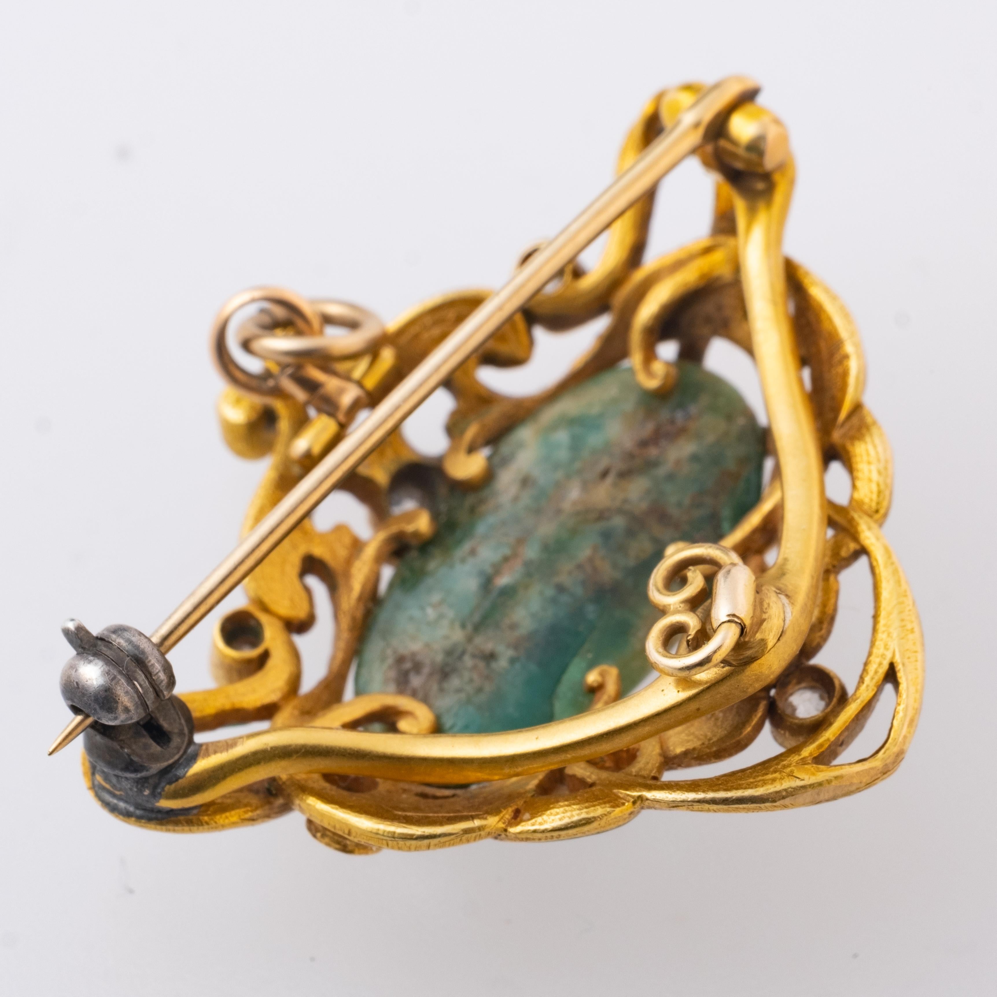 Art Nouveau 18 Karat Gold and Emerald Diamond and Enamel Work Pendant or Brooch 1