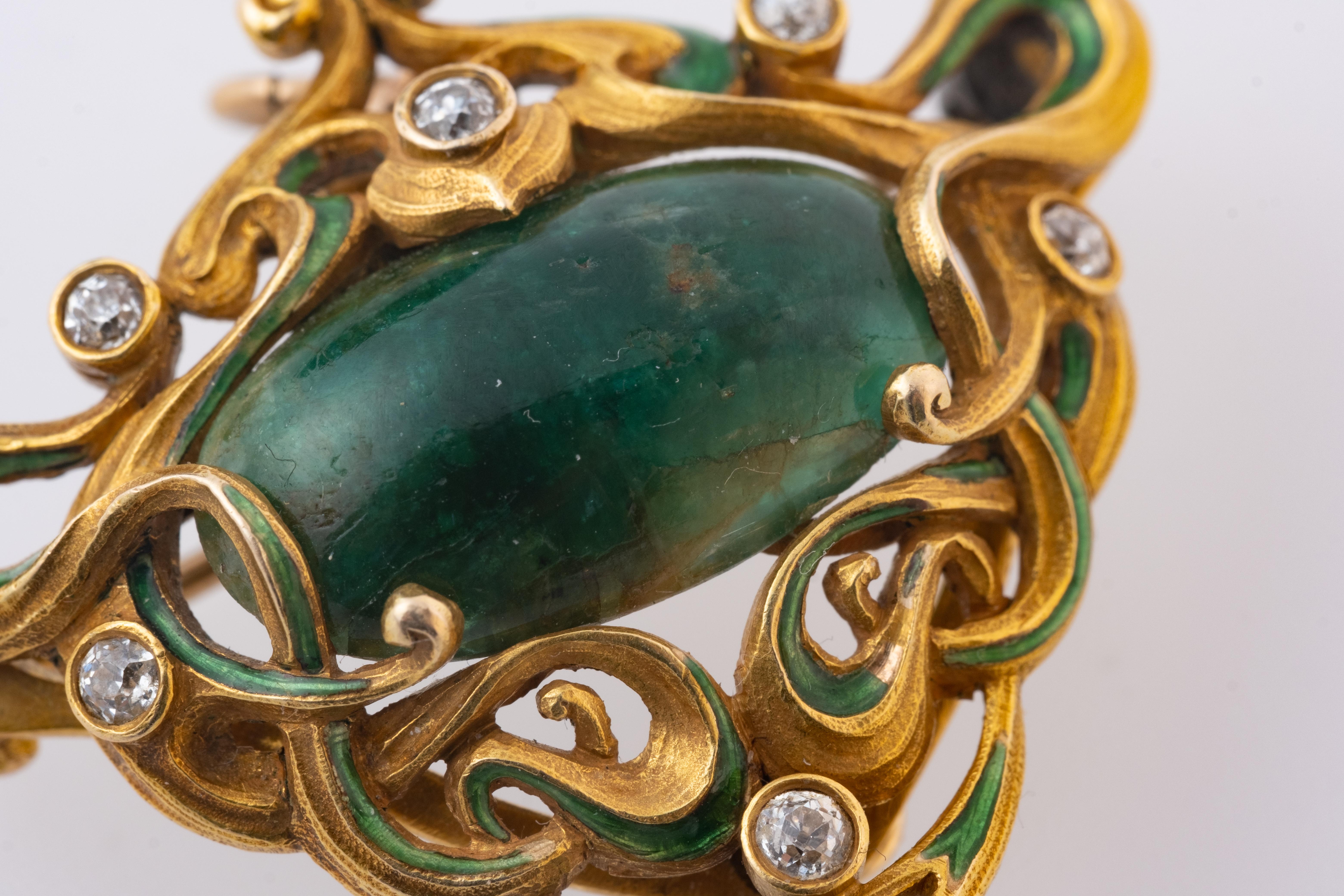 Art Nouveau 18 Karat Gold and Emerald Diamond and Enamel Work Pendant or Brooch 2