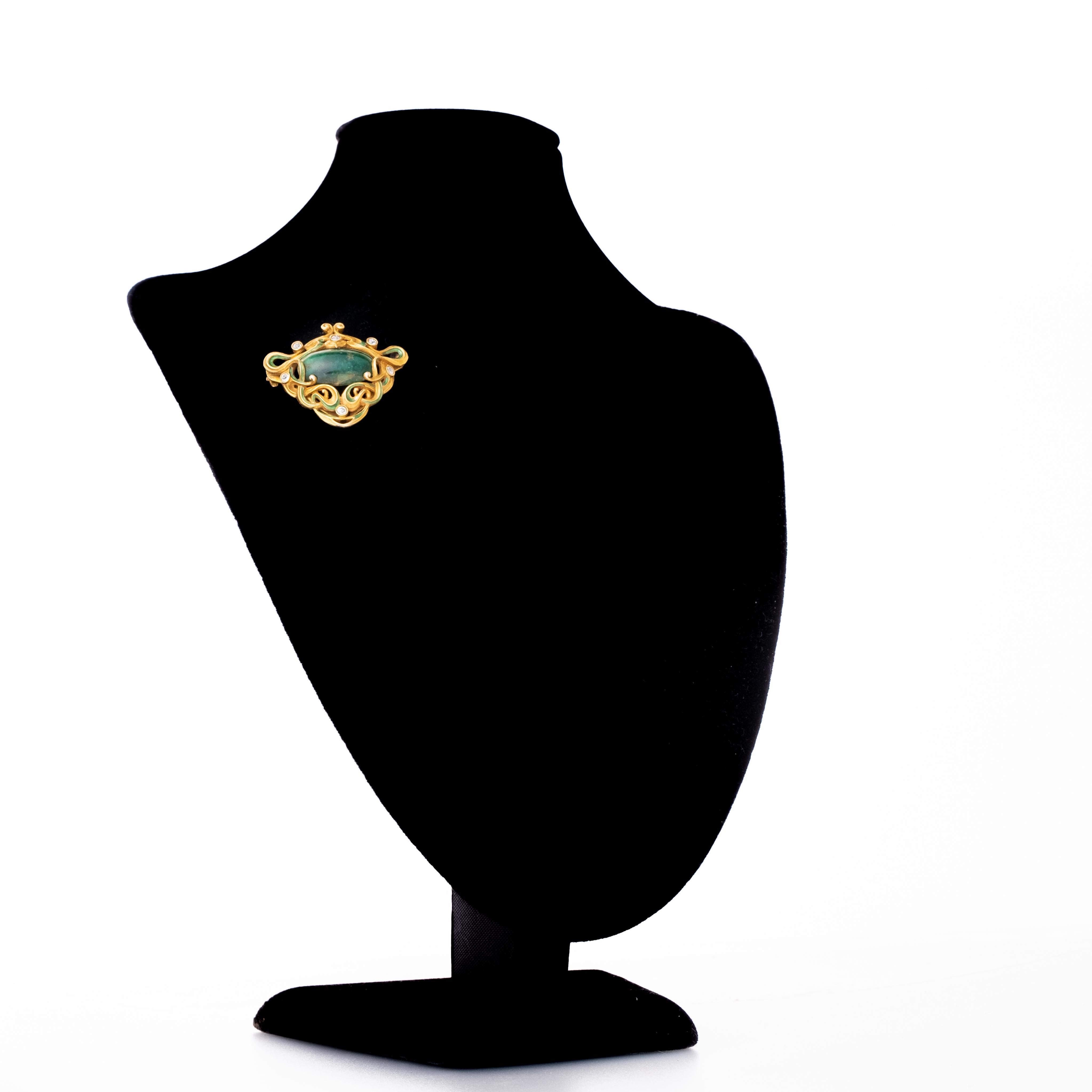 Art Nouveau 18 Karat Gold and Emerald Diamond and Enamel Work Pendant or Brooch 3