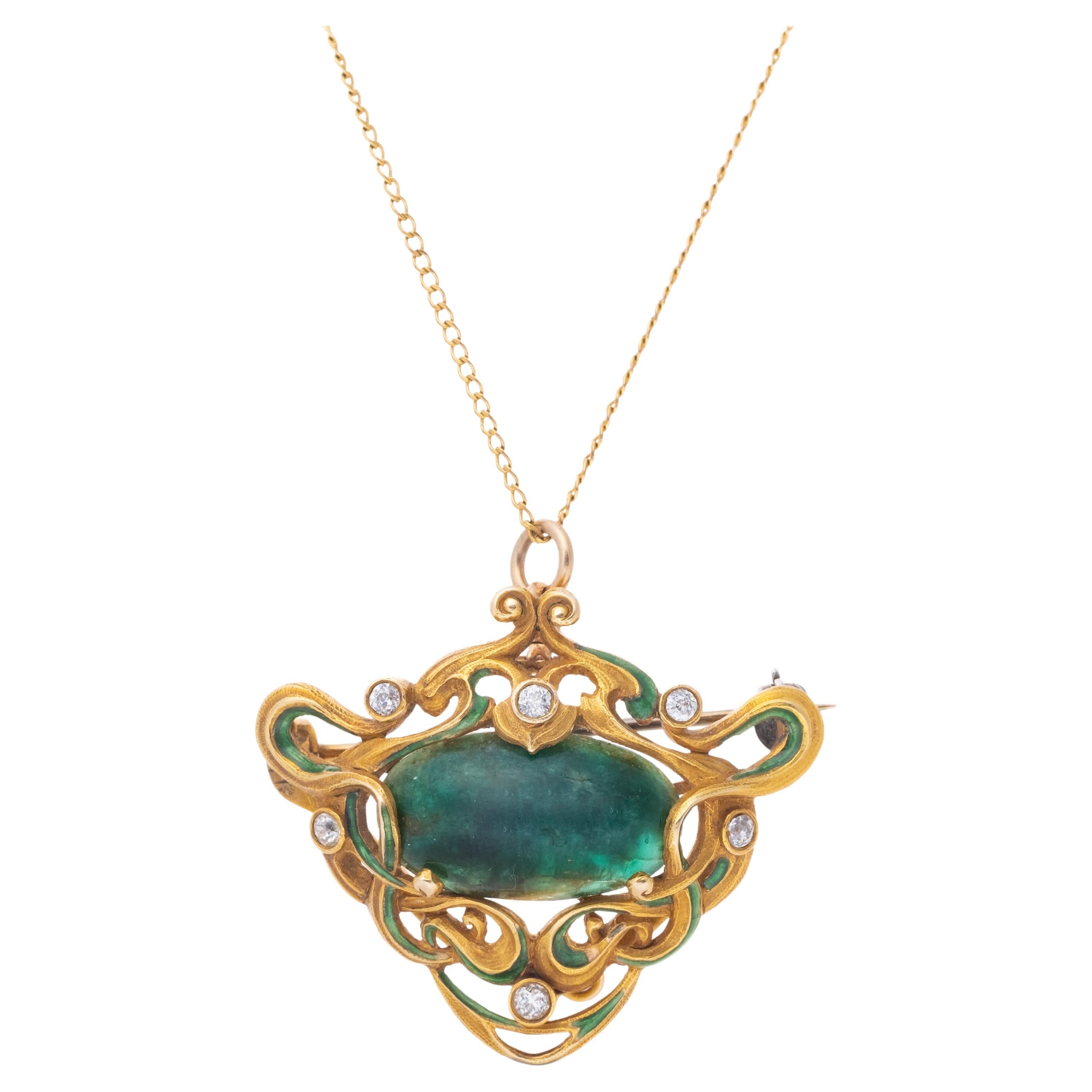 Art Nouveau 18 Karat Gold and Emerald Diamond and Enamel Work Pendant or Brooch