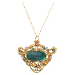 Antique Art Nouveau 18 Karat Gold and Emerald Diamond and Enamel Work Pendant or Brooch