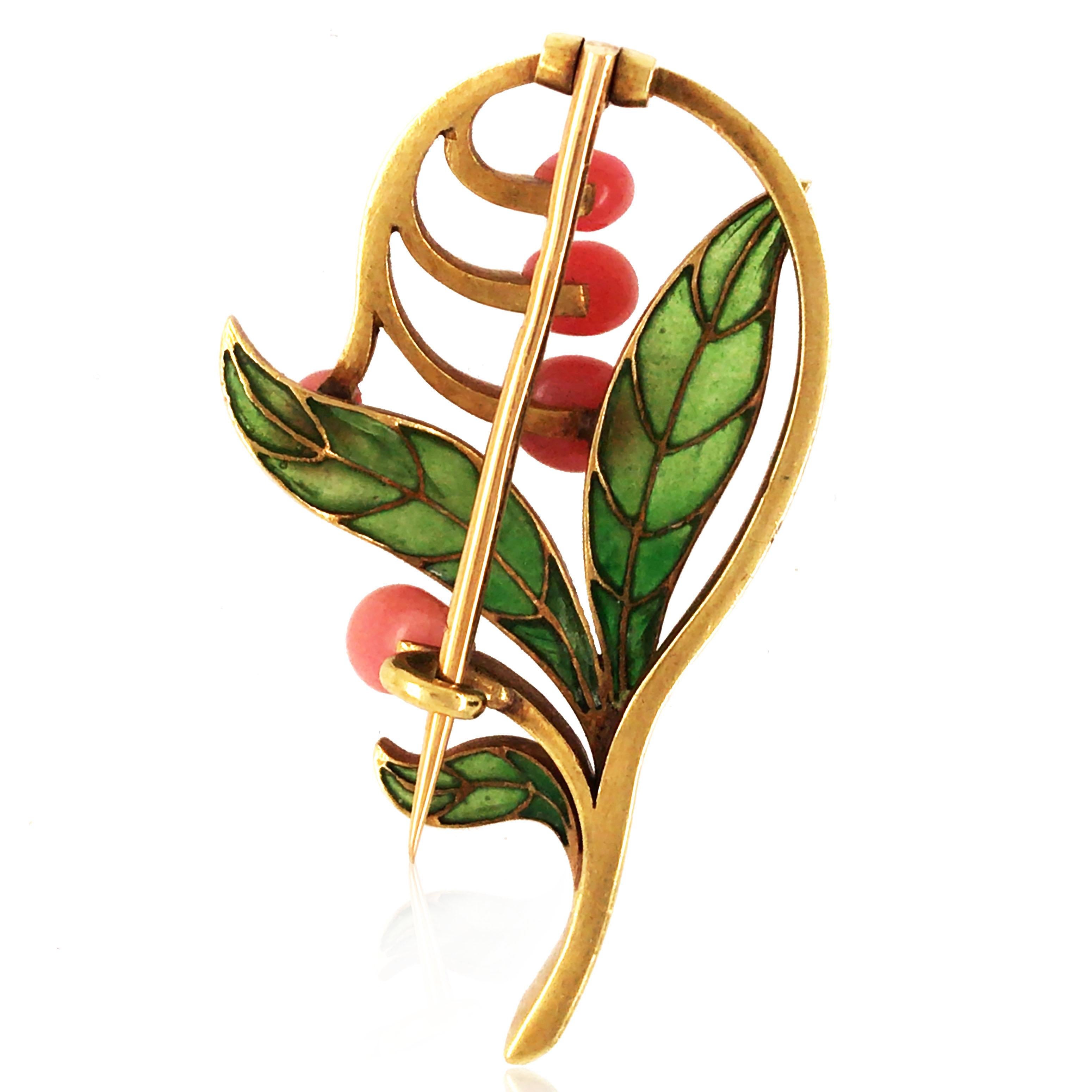 Bead Art Nouveau, 18K Gold Conch Pearl Plique-a-jour Enamel Flower Brooch For Sale