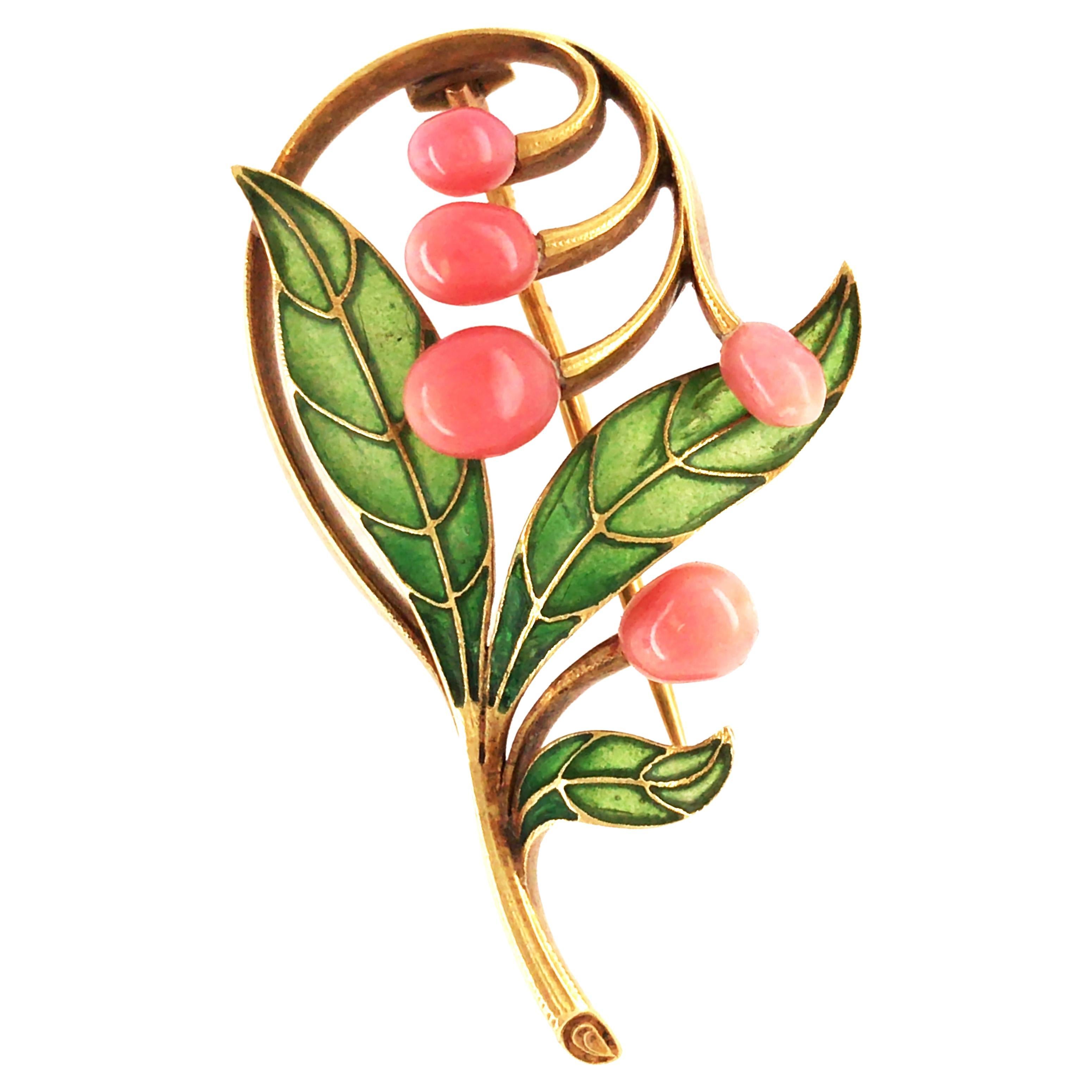 Art Nouveau, 18K Gold Conch Pearl Plique-a-jour Enamel Flower Brooch For Sale