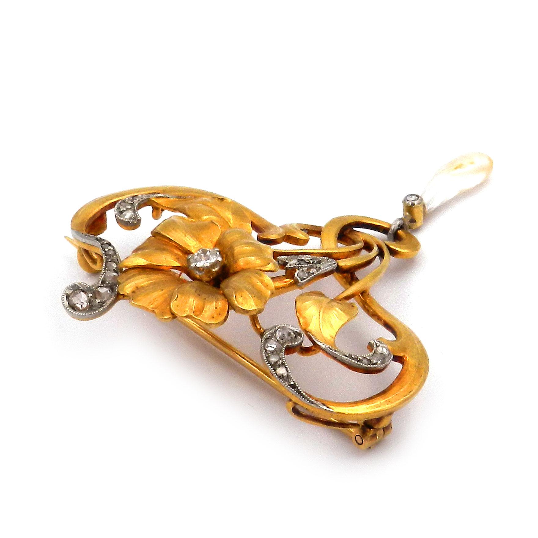 Old European Cut Art Nouveau 18K Gold Diamond and Oriental Pearl Brooch circa 1905 For Sale