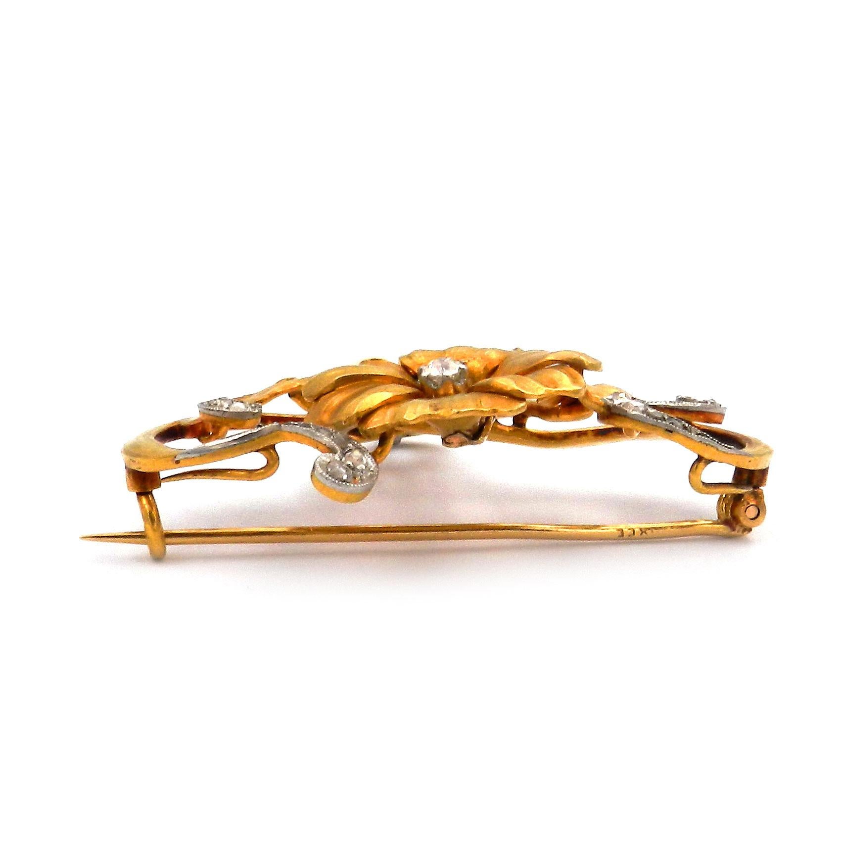 Women's Art Nouveau 18K Gold Diamond and Oriental Pearl Brooch circa 1905 For Sale