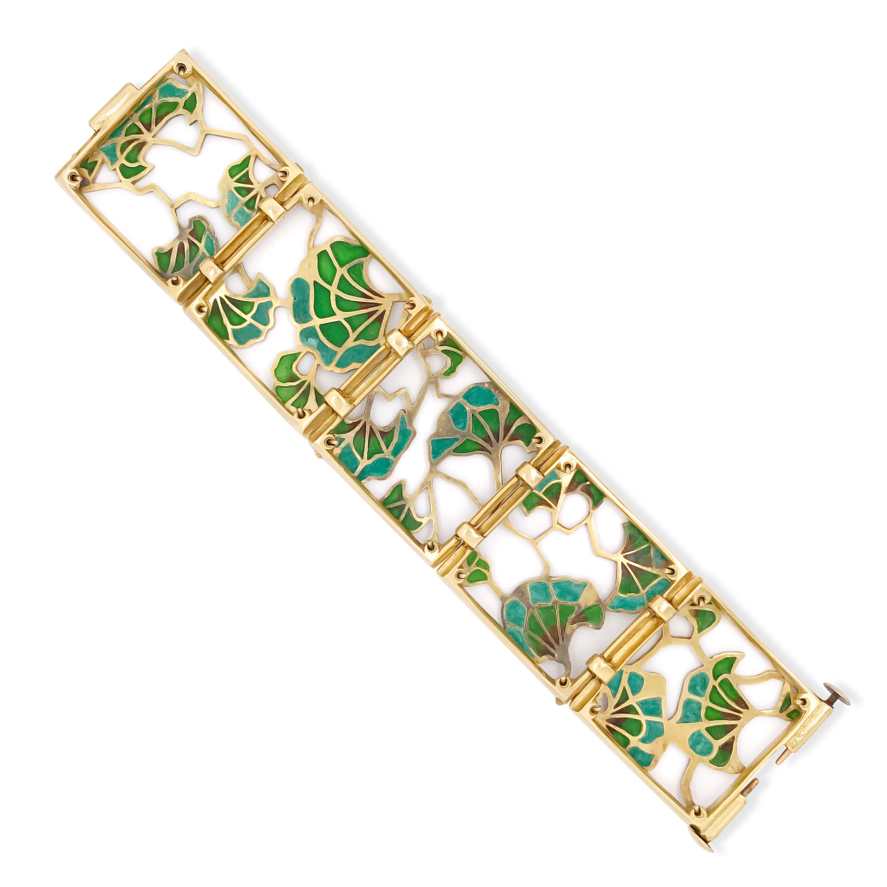 Rose Cut Art Nouveau 18 Karat Gold, Diamond and Plique-a-jour Enamel Bracelet