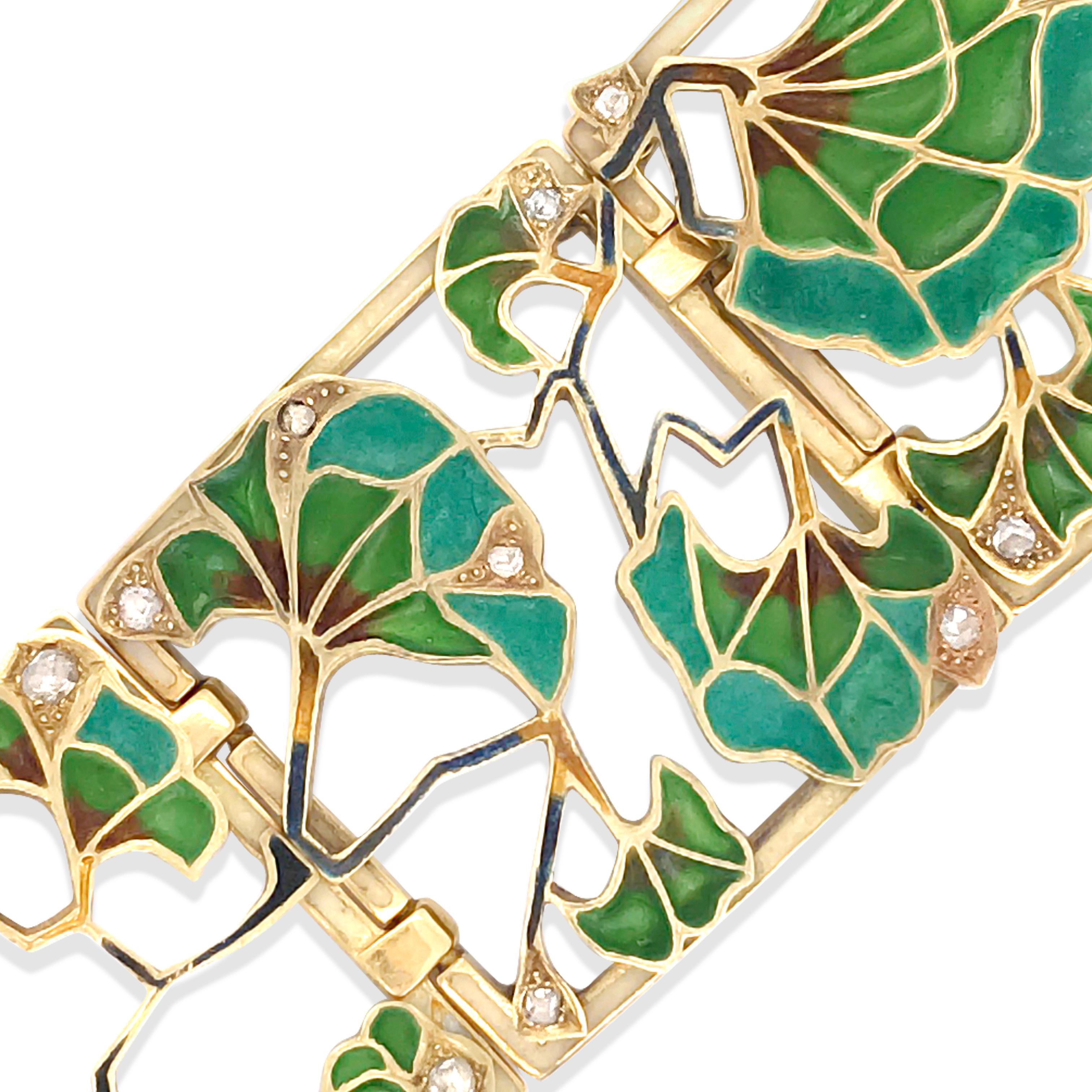 Art Nouveau 18 Karat Gold, Diamond and Plique-a-jour Enamel Bracelet In Good Condition In New York, NY