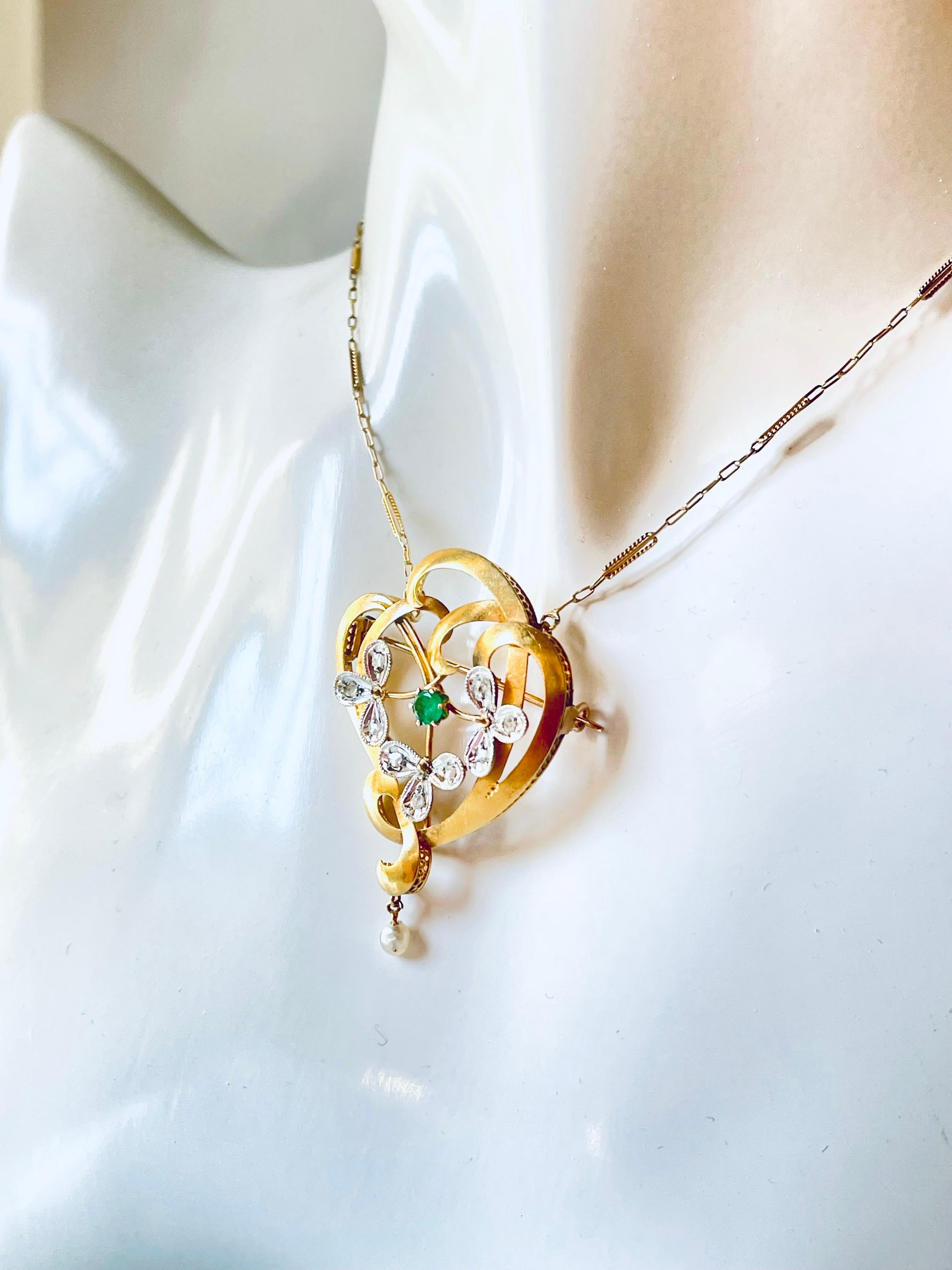 Rose Cut Art Nouveau 18K Gold Diamond Emerald Natural Pearl Brooch Pendant Necklace For Sale