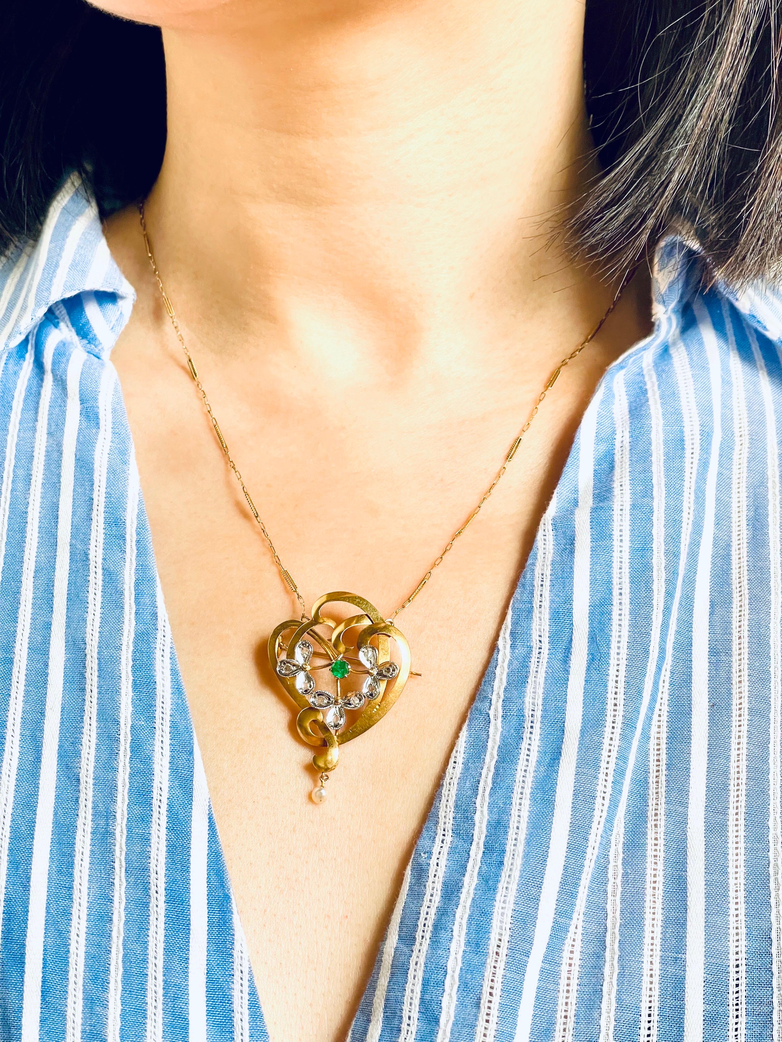 Art Nouveau 18K Gold Diamond Emerald Natural Pearl Brooch Pendant Necklace In Good Condition For Sale In Firenze, IT
