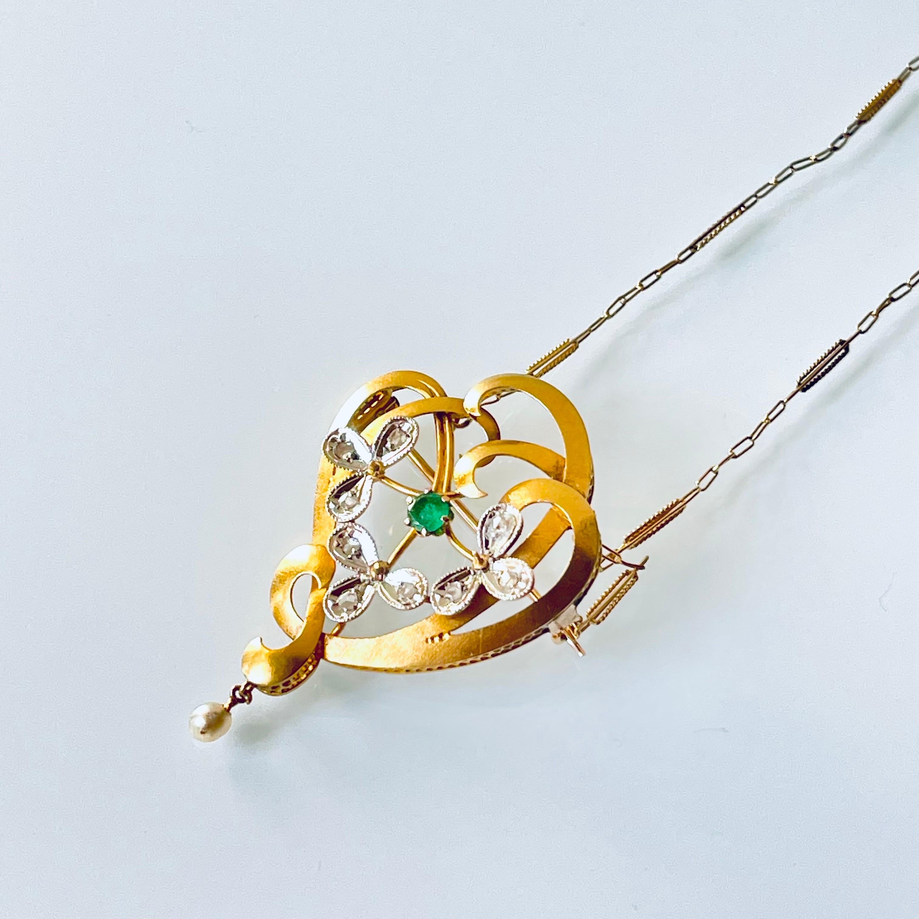 Women's Art Nouveau 18K Gold Diamond Emerald Natural Pearl Brooch Pendant Necklace For Sale