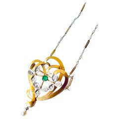 Art Nouveau 18K Gold Diamond Emerald Natural Pearl Brooch Pendant Necklace