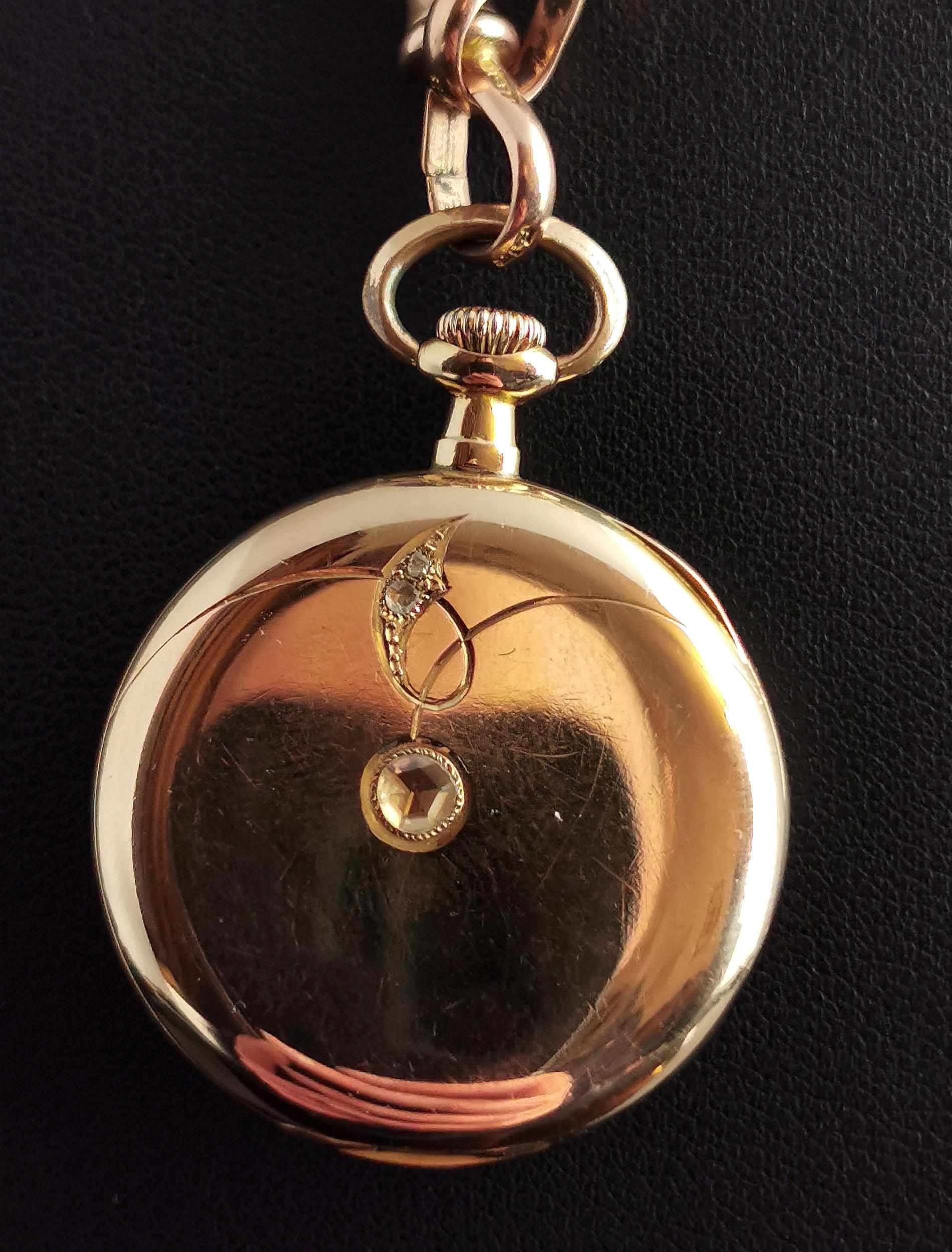 Art Nouveau 18k Gold Diamond Pocket Watch, Fob Watch, Escasany For Sale 2