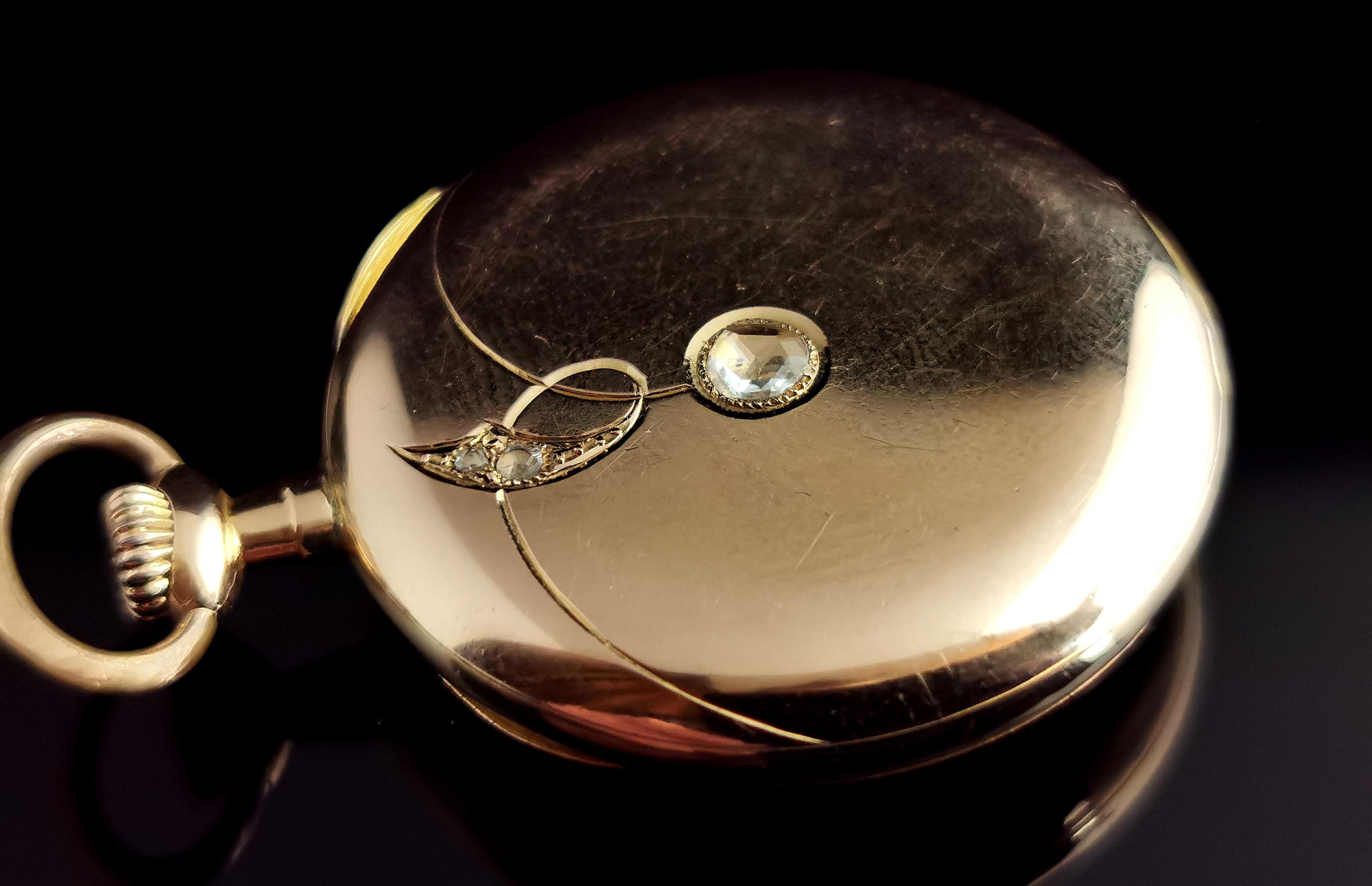 Art Nouveau 18k Gold Diamond Pocket Watch, Fob Watch, Escasany For Sale 7