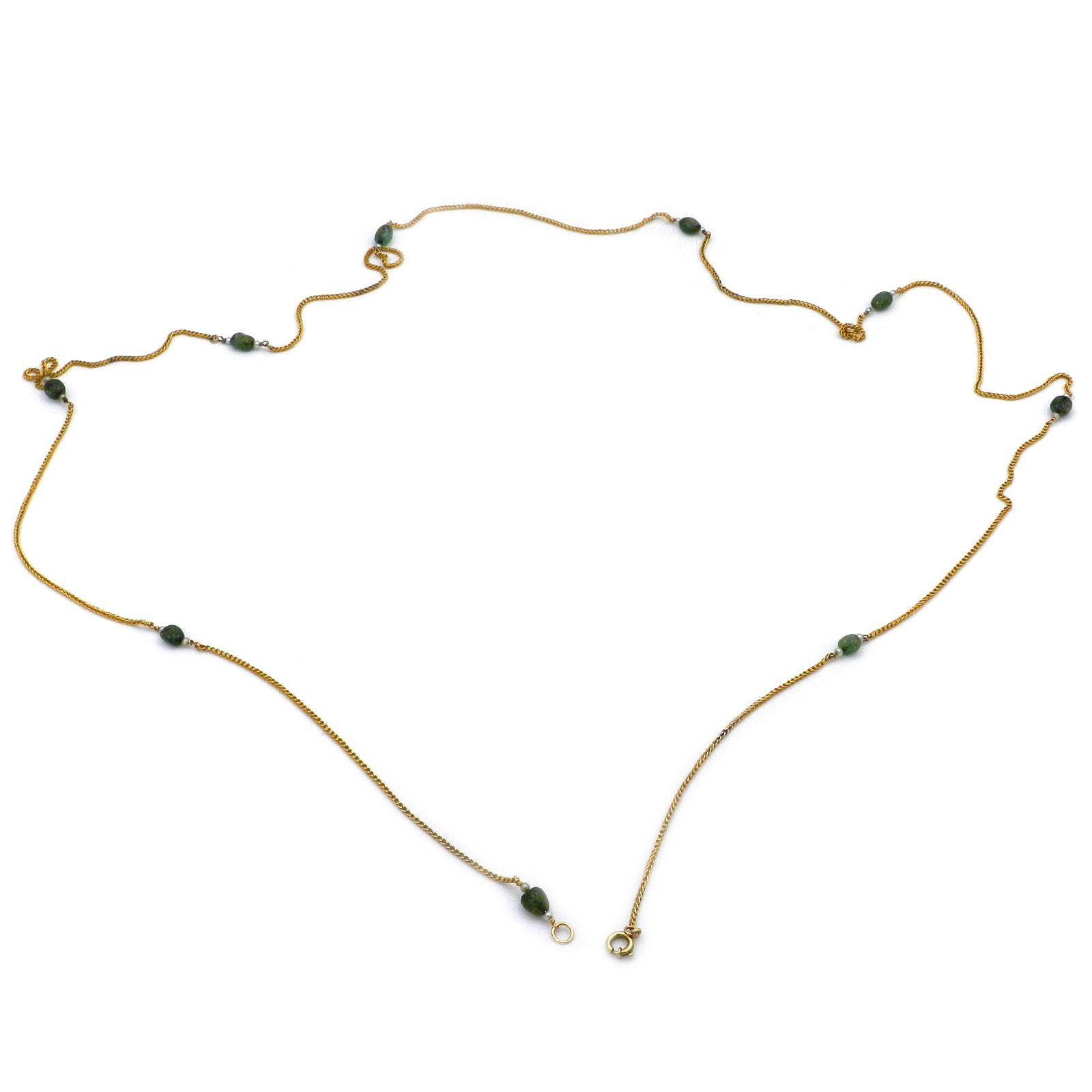 Uncut Art Nouveau 18K Gold Emerald and Oriental Pearl Chain Necklace, circa 1910