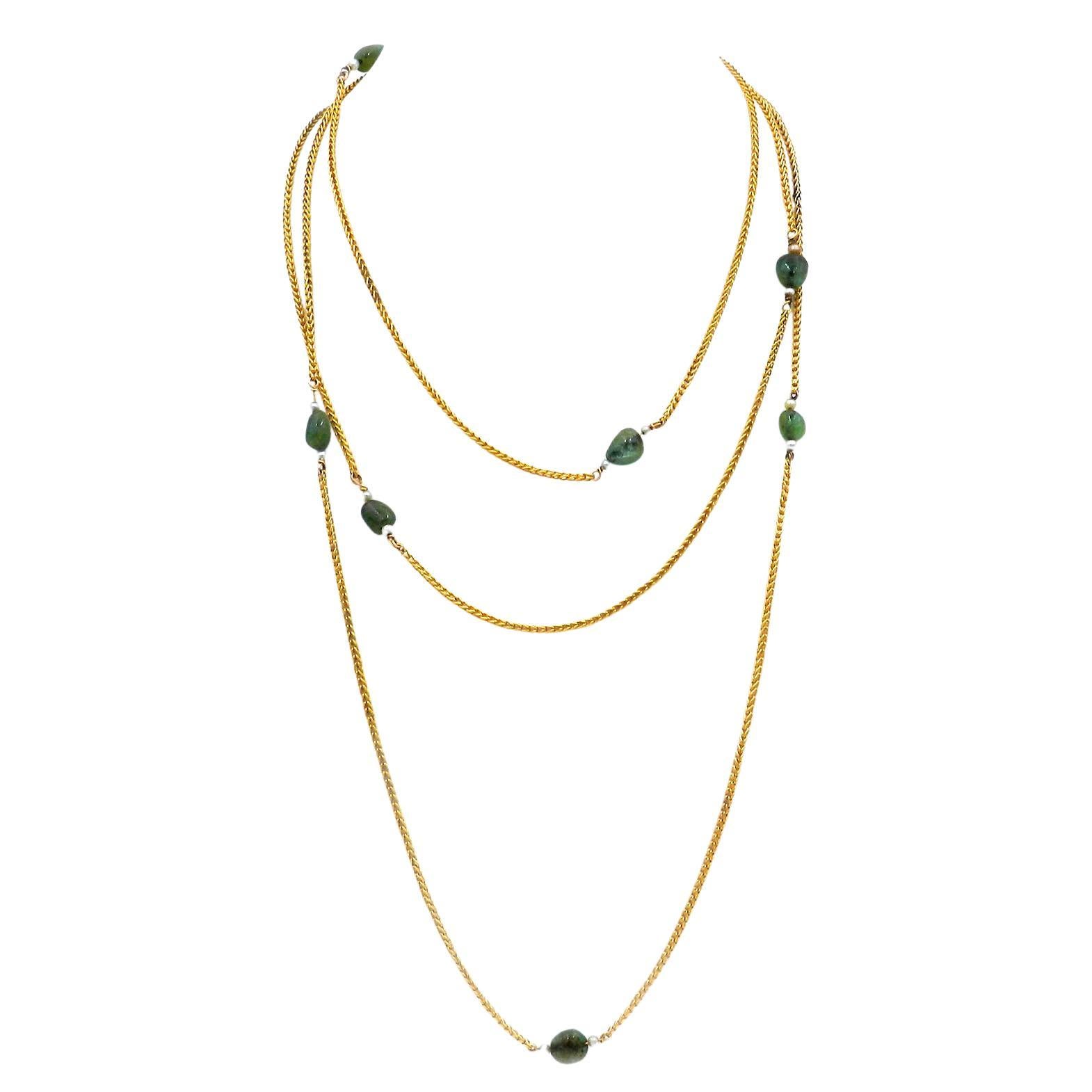 Art Nouveau 18K Gold Emerald and Oriental Pearl Chain Necklace, circa 1910