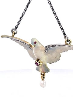 Art Nouveau 18K Gold Enamel Dove Necklace with Diamonds & Ruby, 1910