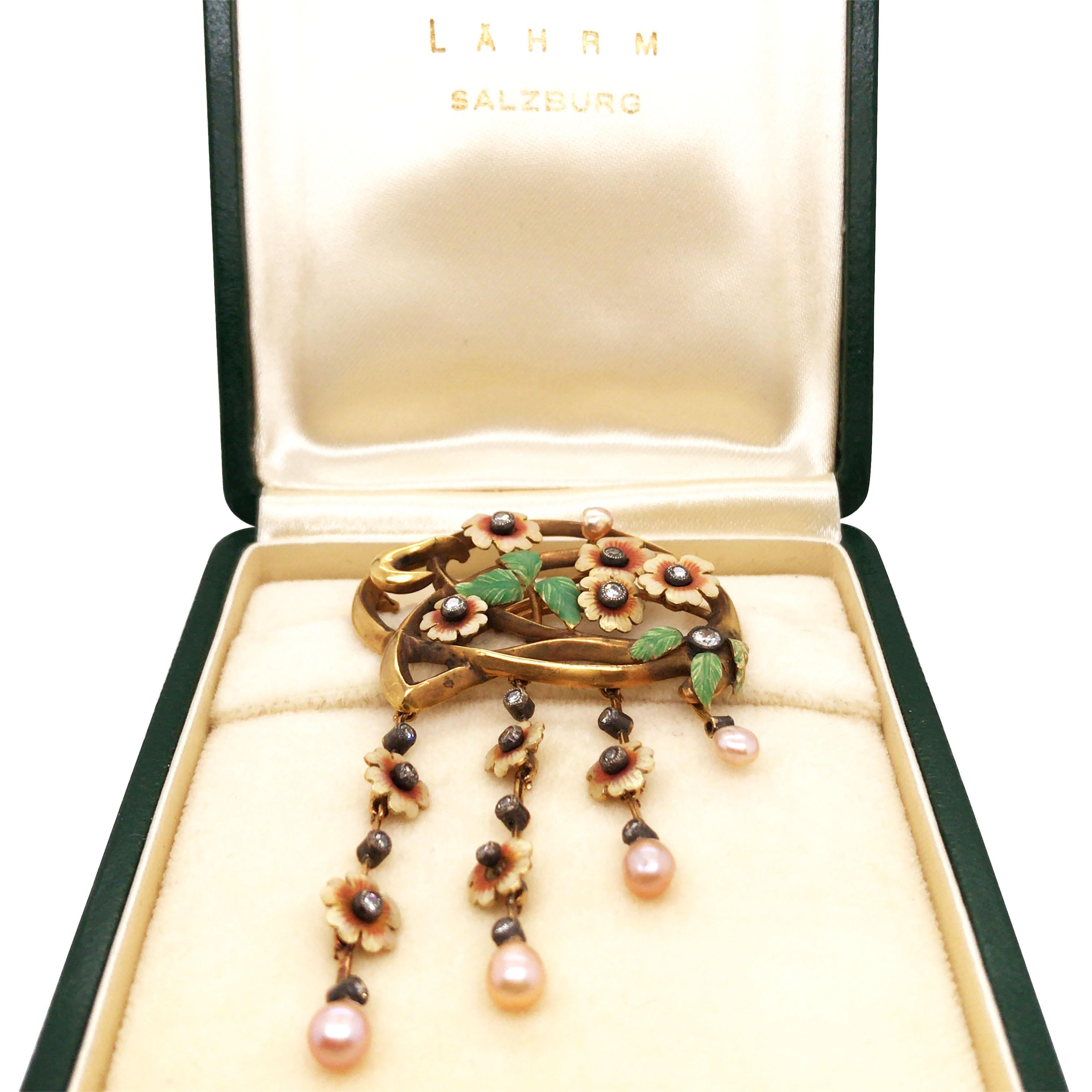 Art nouveau Broche Art Nouveau en or 18 carats, émail, perles et diamants en vente