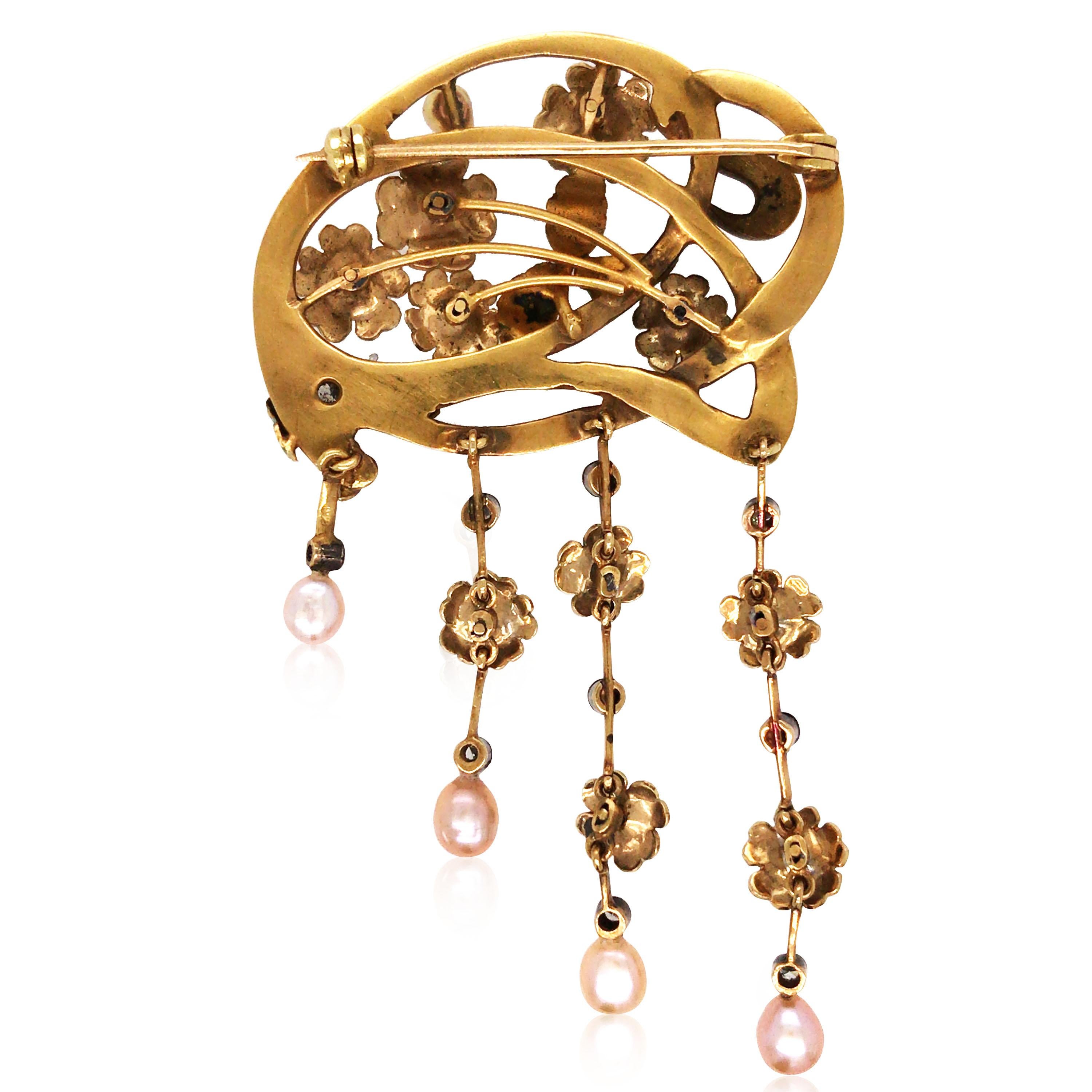 Taille ronde Broche Art Nouveau en or 18 carats, émail, perles et diamants en vente