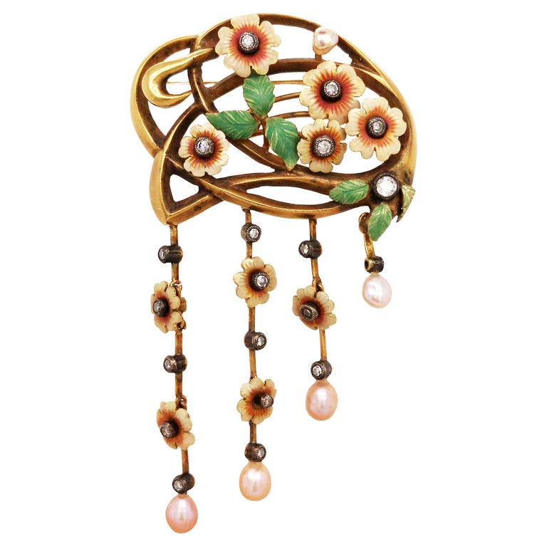 Art Nouveau 18K Gold Enamel Pearl Diamond Brooch For Sale at 1stDibs