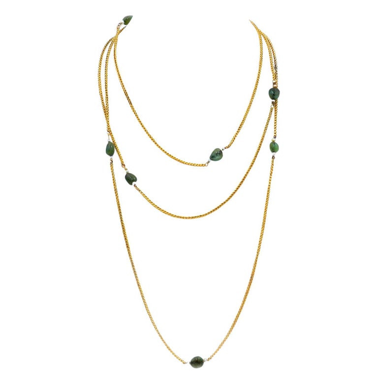 Art Nouveau 18K Gold Emerald and Oriental Pearl Chain Necklace, circa ...