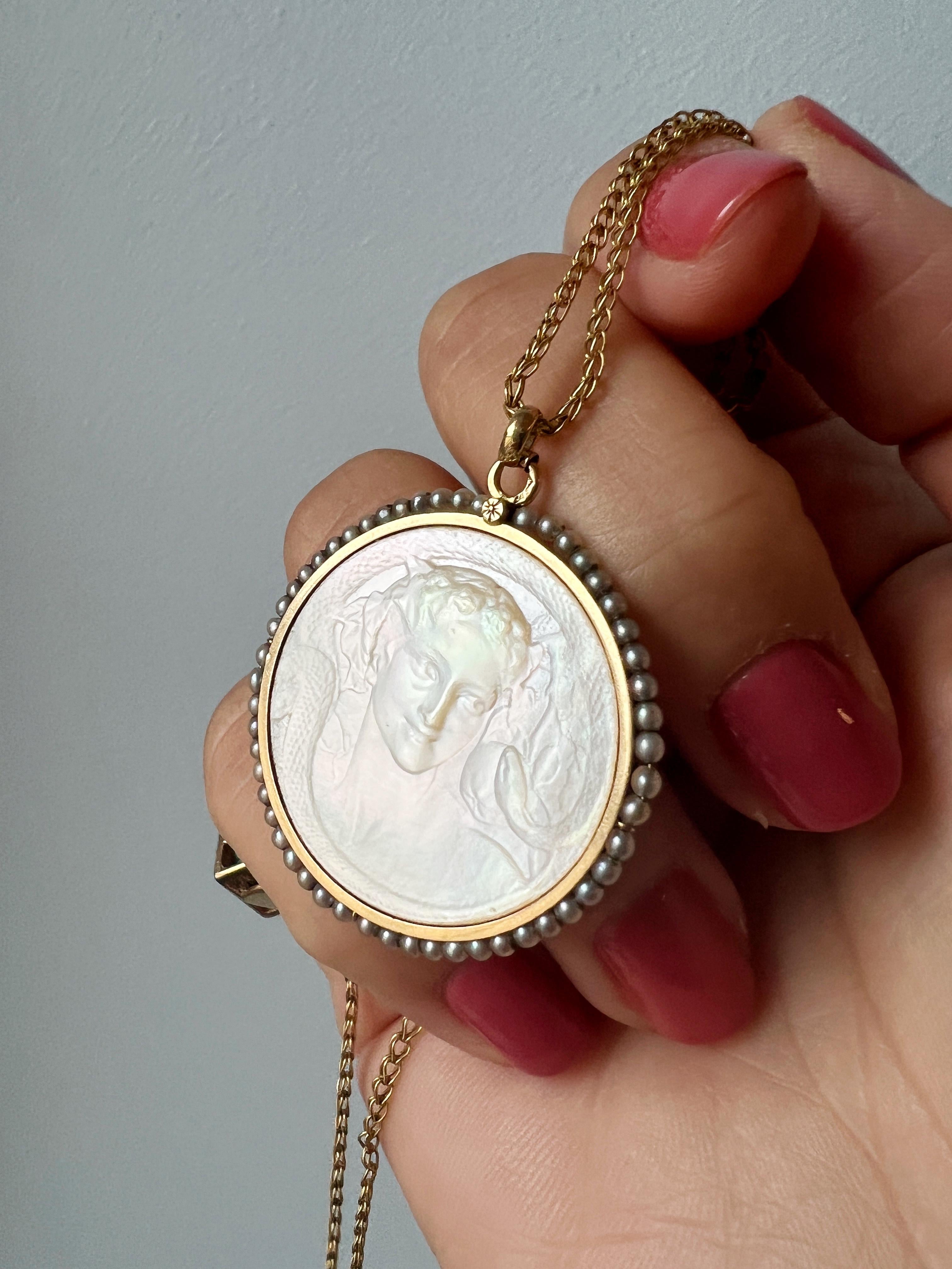 Bead Art Nouveau 18K gold natural pearl lady snake medal pendant