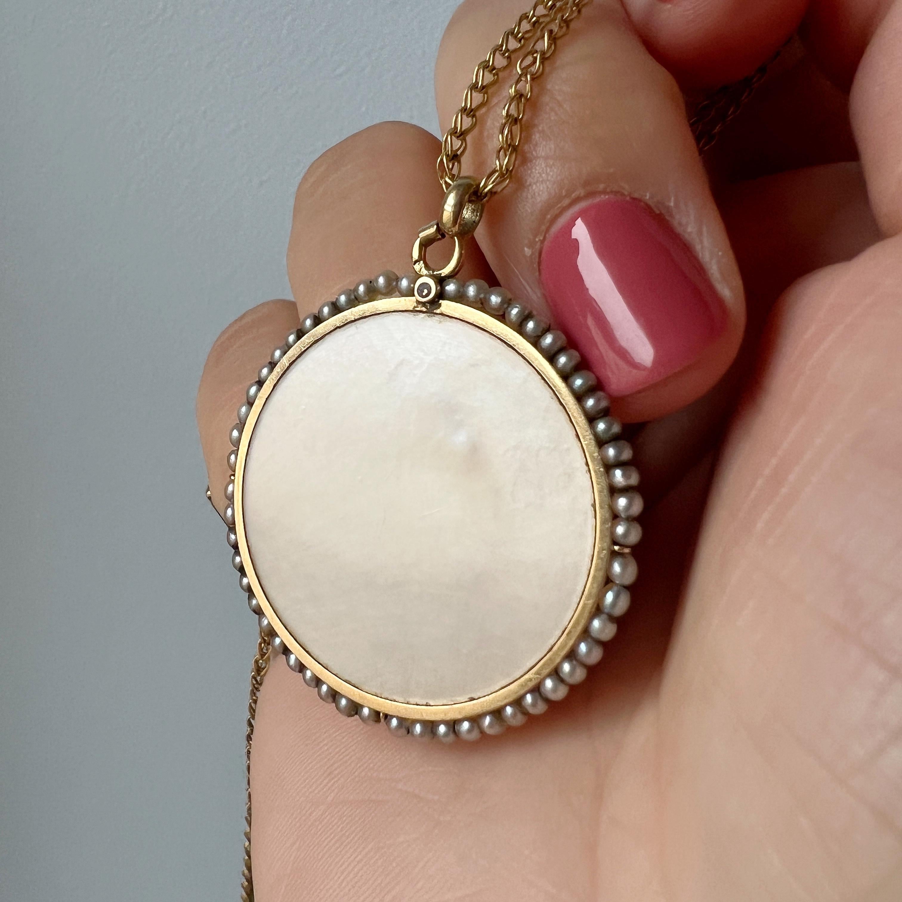 Women's or Men's Art Nouveau 18K gold natural pearl lady snake medal pendant