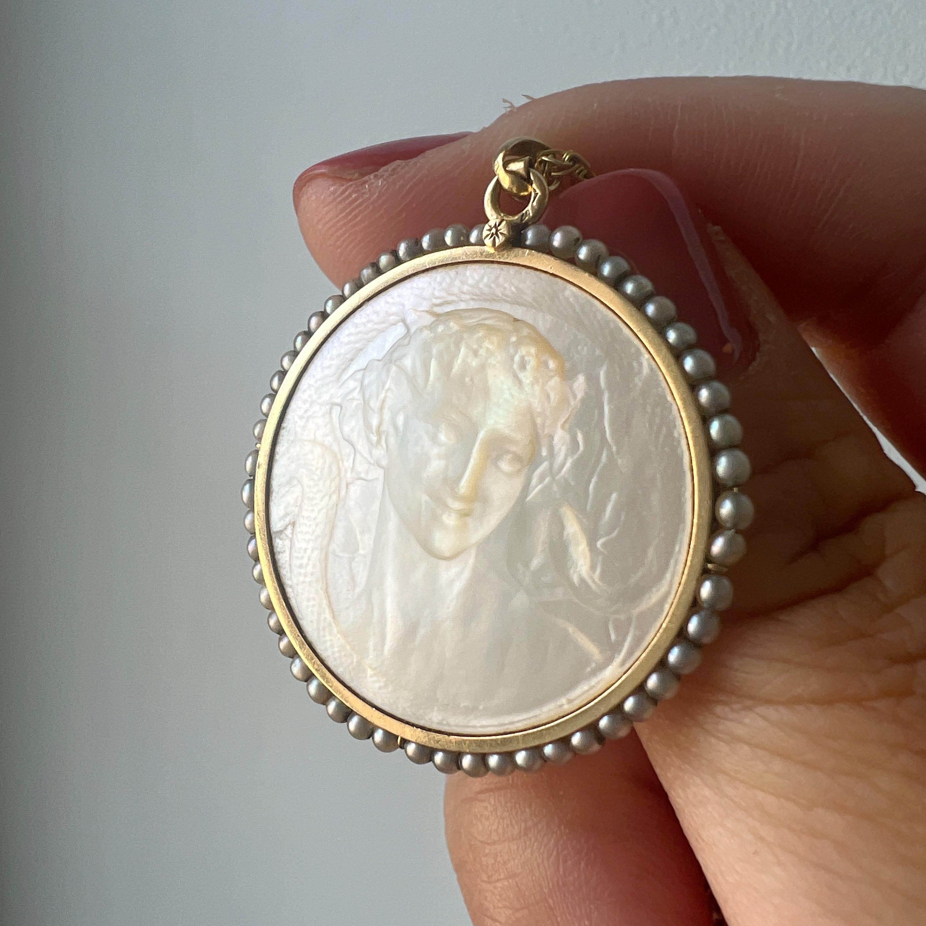 Art Nouveau 18K gold natural pearl lady snake medal pendant 2