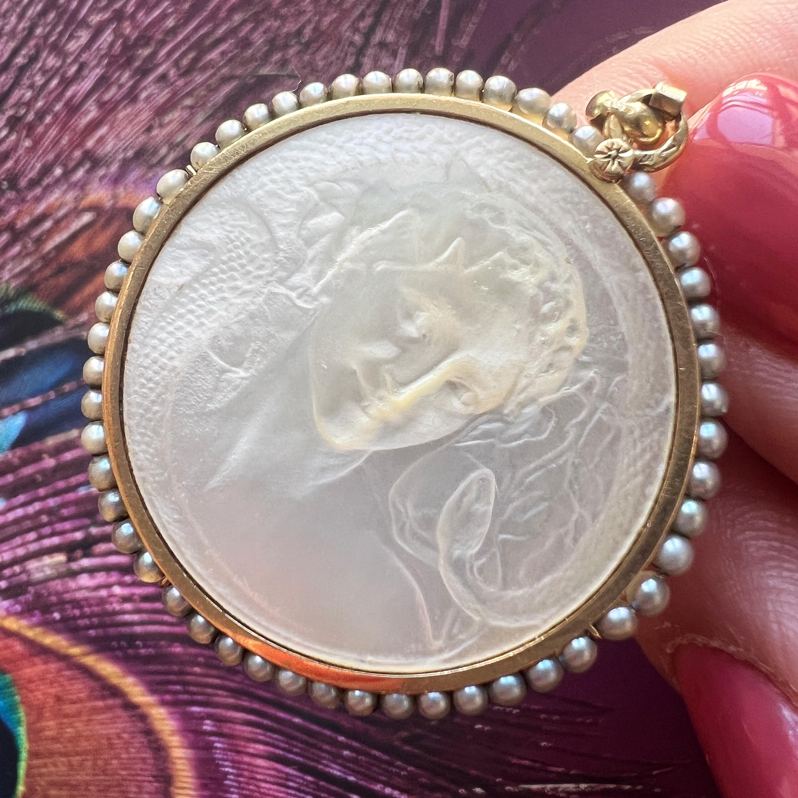 Art Nouveau 18K gold natural pearl lady snake medal pendant 4