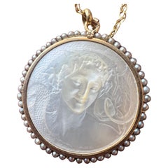 Art Nouveau 18K gold natural pearl lady snake medal pendant