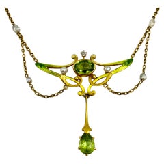 Vintage Art Nouveau 18K Gold Ombre Enamel Peridot Pearl Diamond Necklace, circa 1900