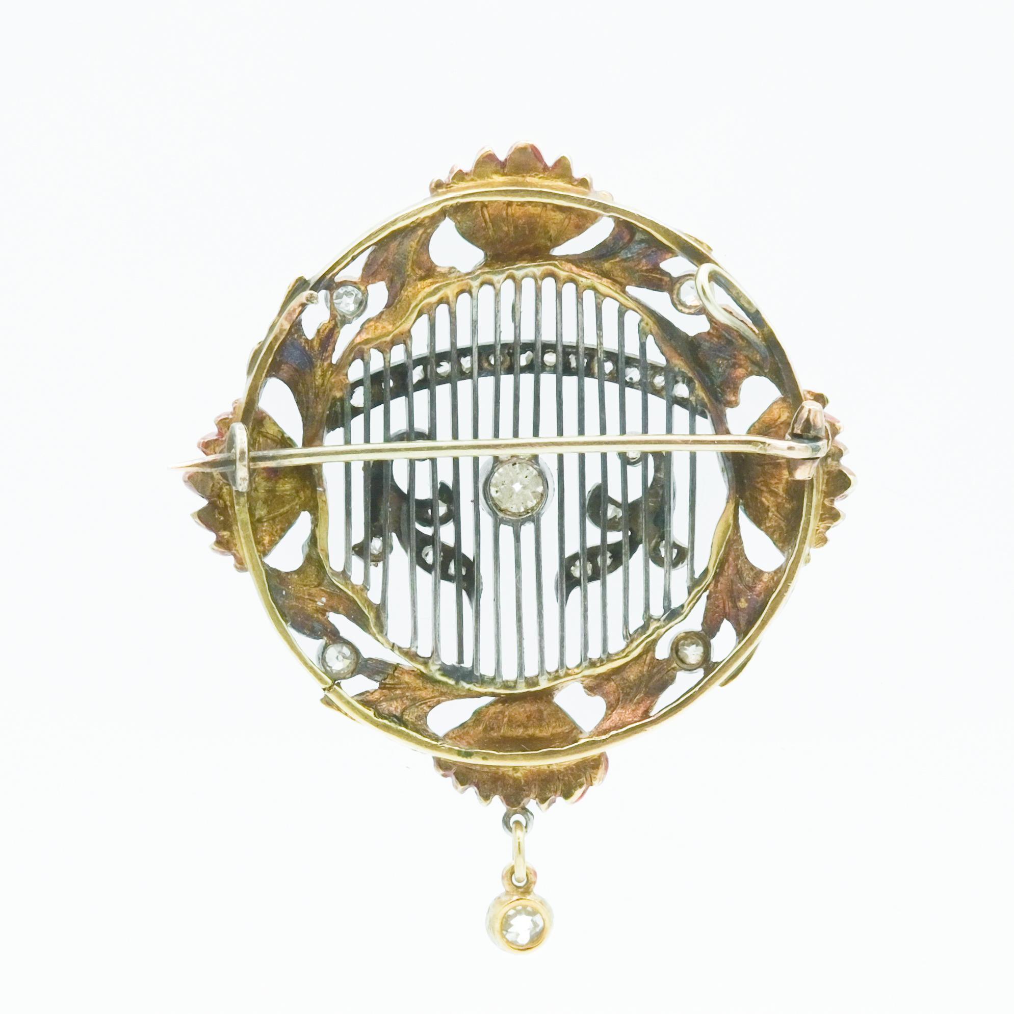 Old European Cut Art Nouveau 18k Gold & Platinum Enameled Brooch with European Cut Diamonds For Sale