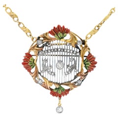 Art Nouveau Enamel Brooch Pendant w European Cut Diamonds in 18 Karat 
Platinum