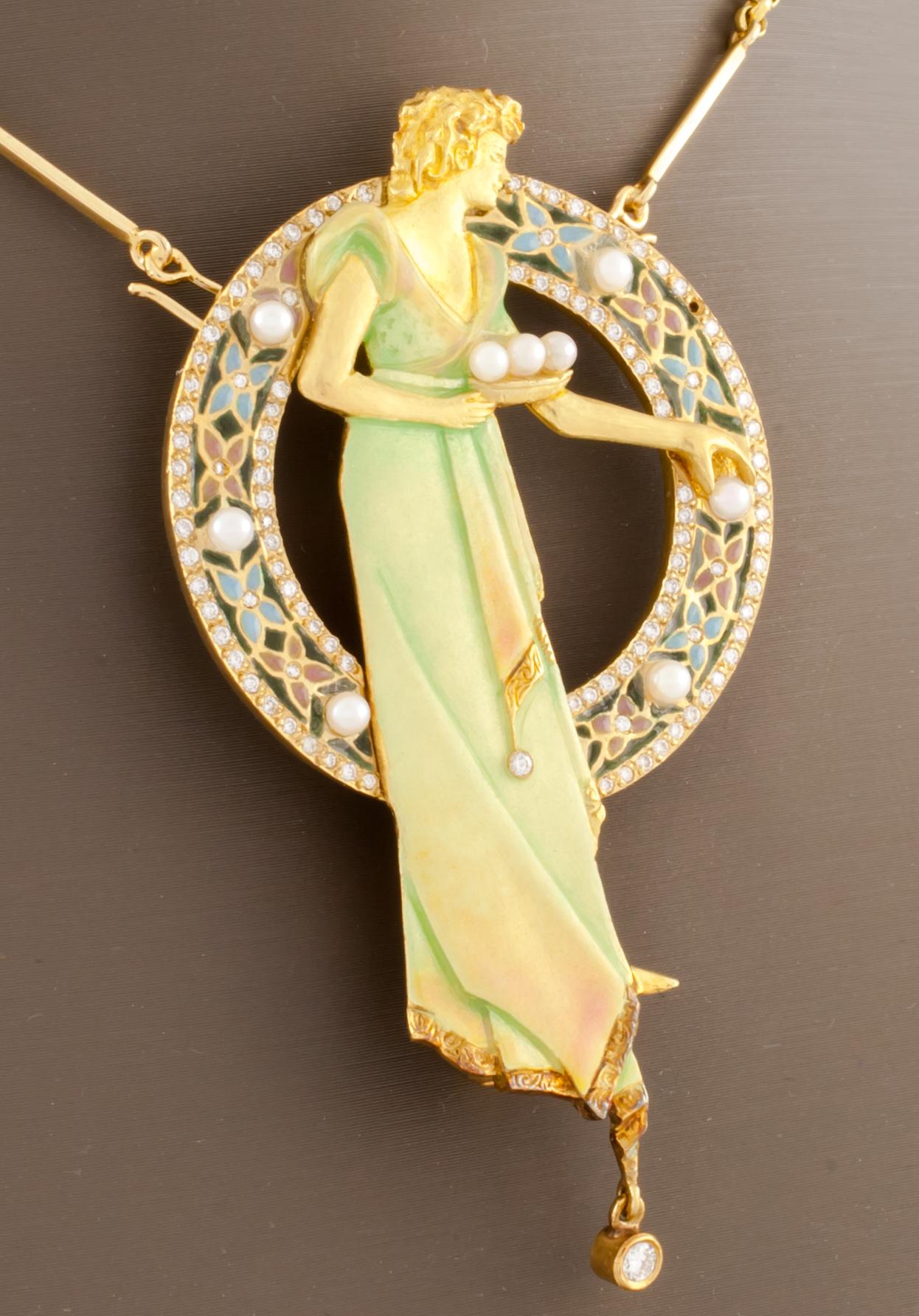 Round Cut Art Nouveau 18 Karat Gold Plique-à-Jour Enamel, Pearl and Diamond Brooch Pendant For Sale